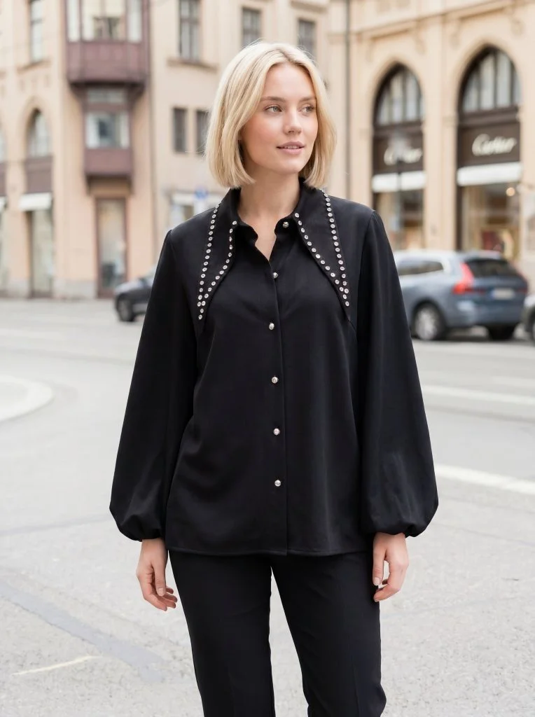 NEW! Long Crystal Collar Shirt in Black