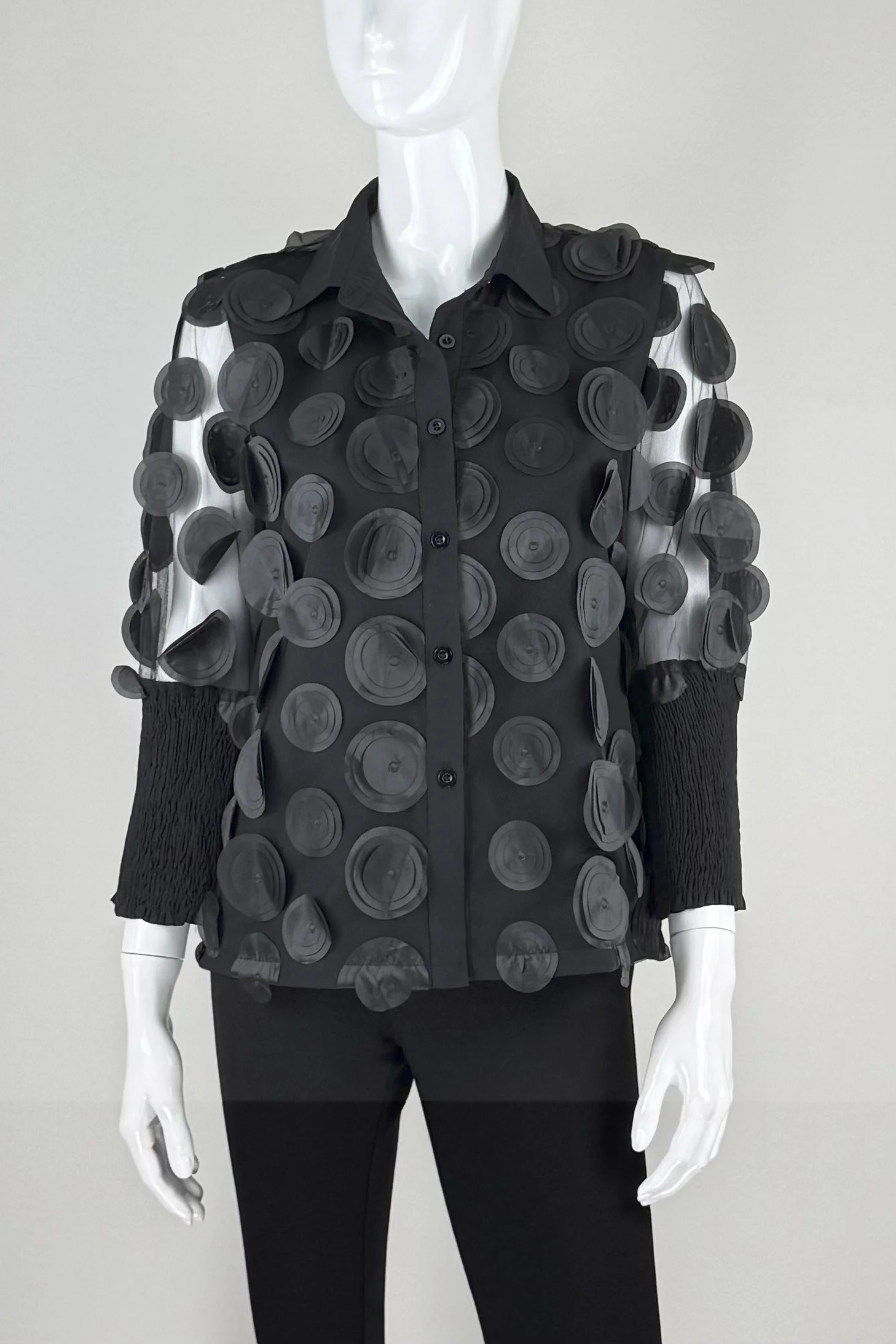 NEW! Circle Trim and Sheer Blouse in Black (Also Available in Plus Size)