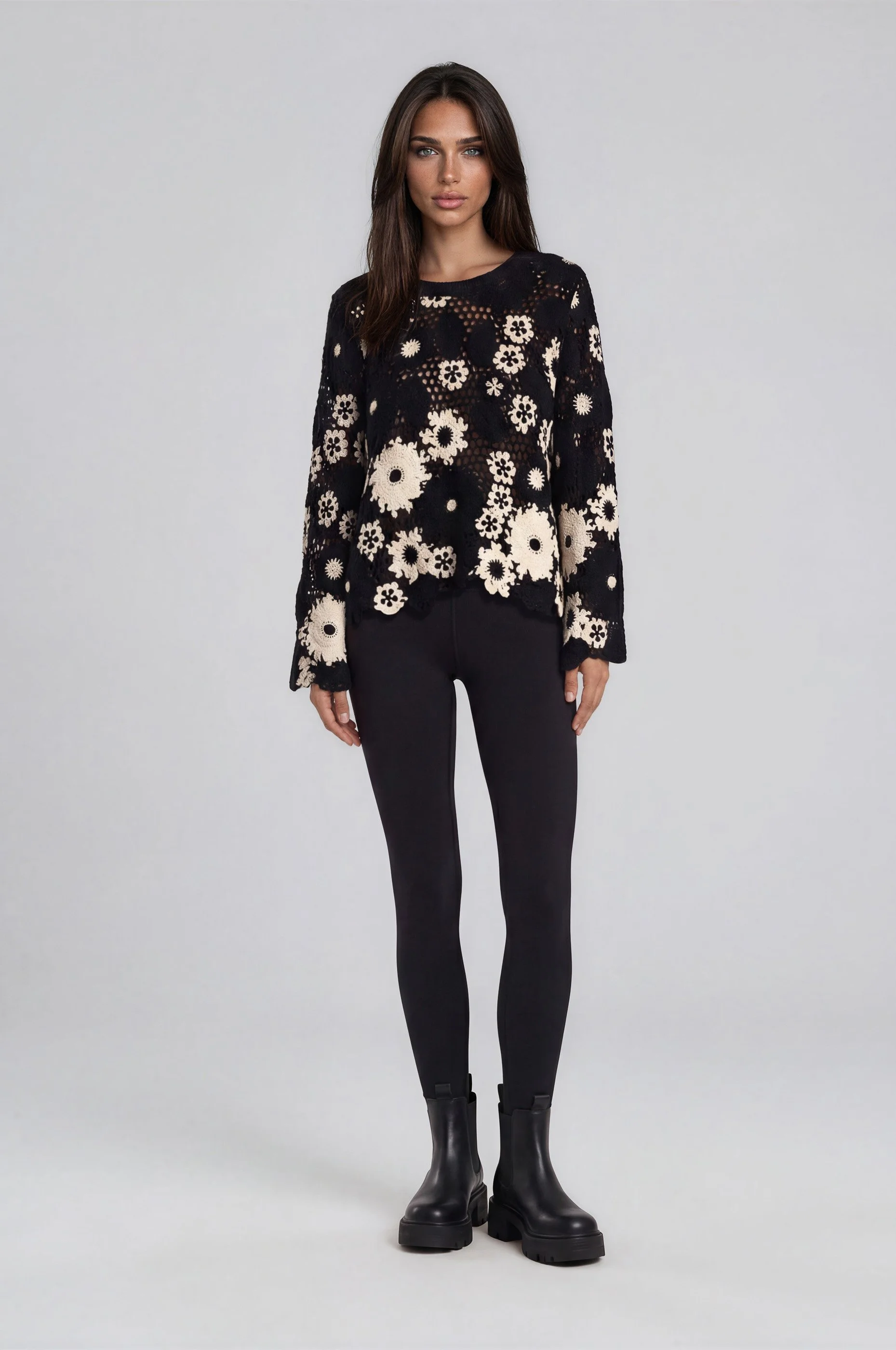 NEW! 2-Tone Flower Crochet Sweater