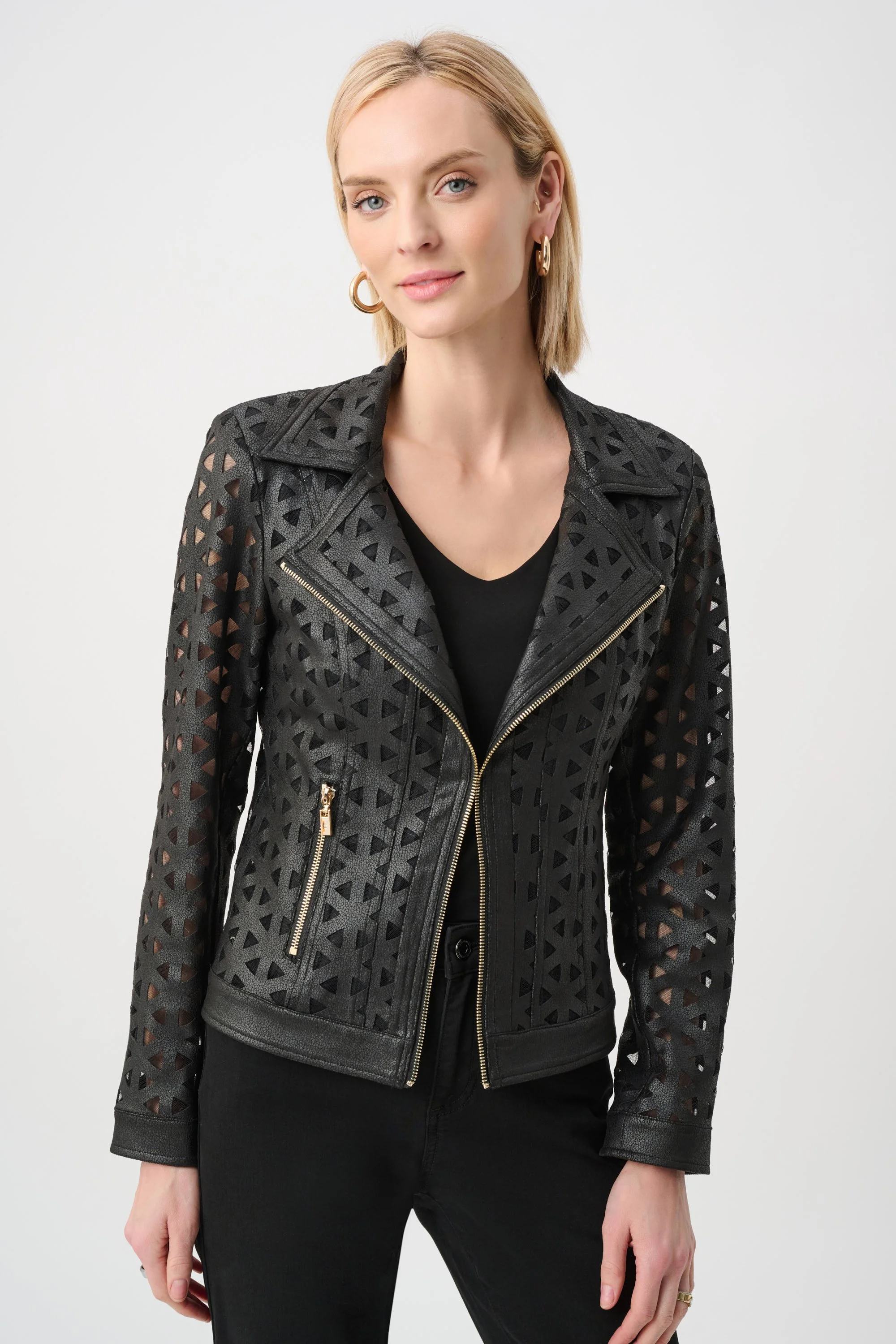 NEW! Diamond Cut-Out Vegan Leather Zip Moto Jacket