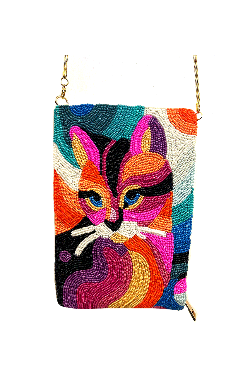 NEW! Black Cat & Flowers Beaded Handbag