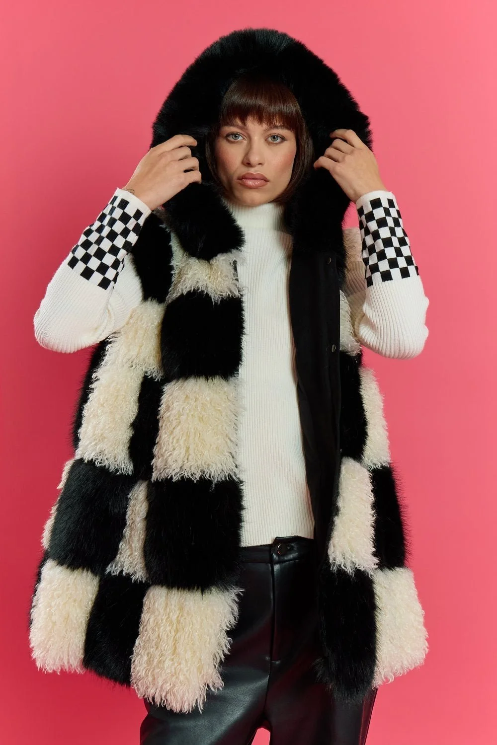 Faux Fur Color Block Hooded Vest