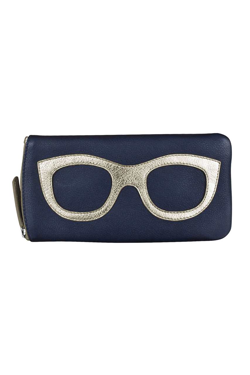 NEW! Leather Eyeglass Case in Navy and Light Gold