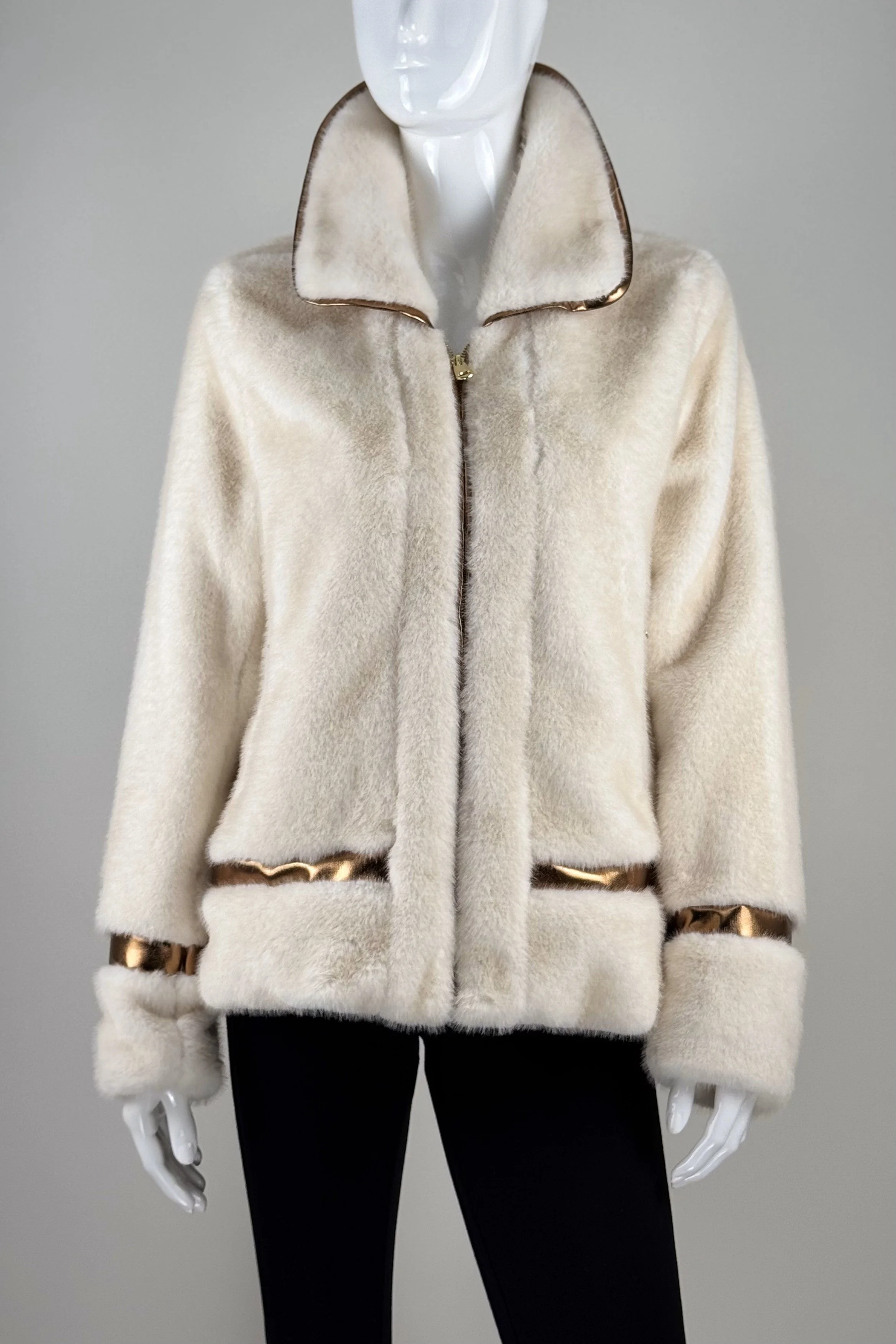 NEW! Faux Fur Zip Jacket with Metallic Trim