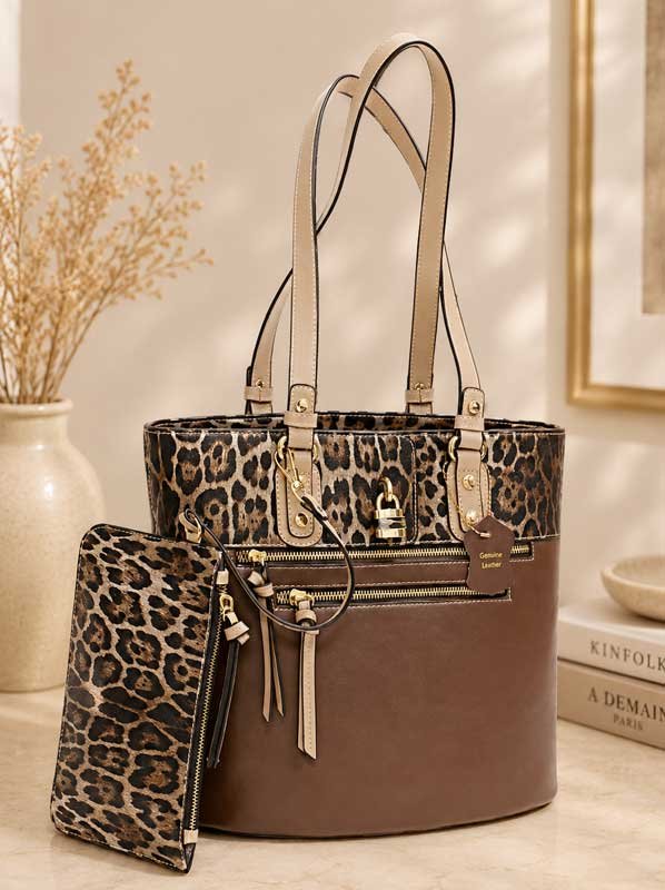 NEW! Leather Animal Tote and Pouch Set