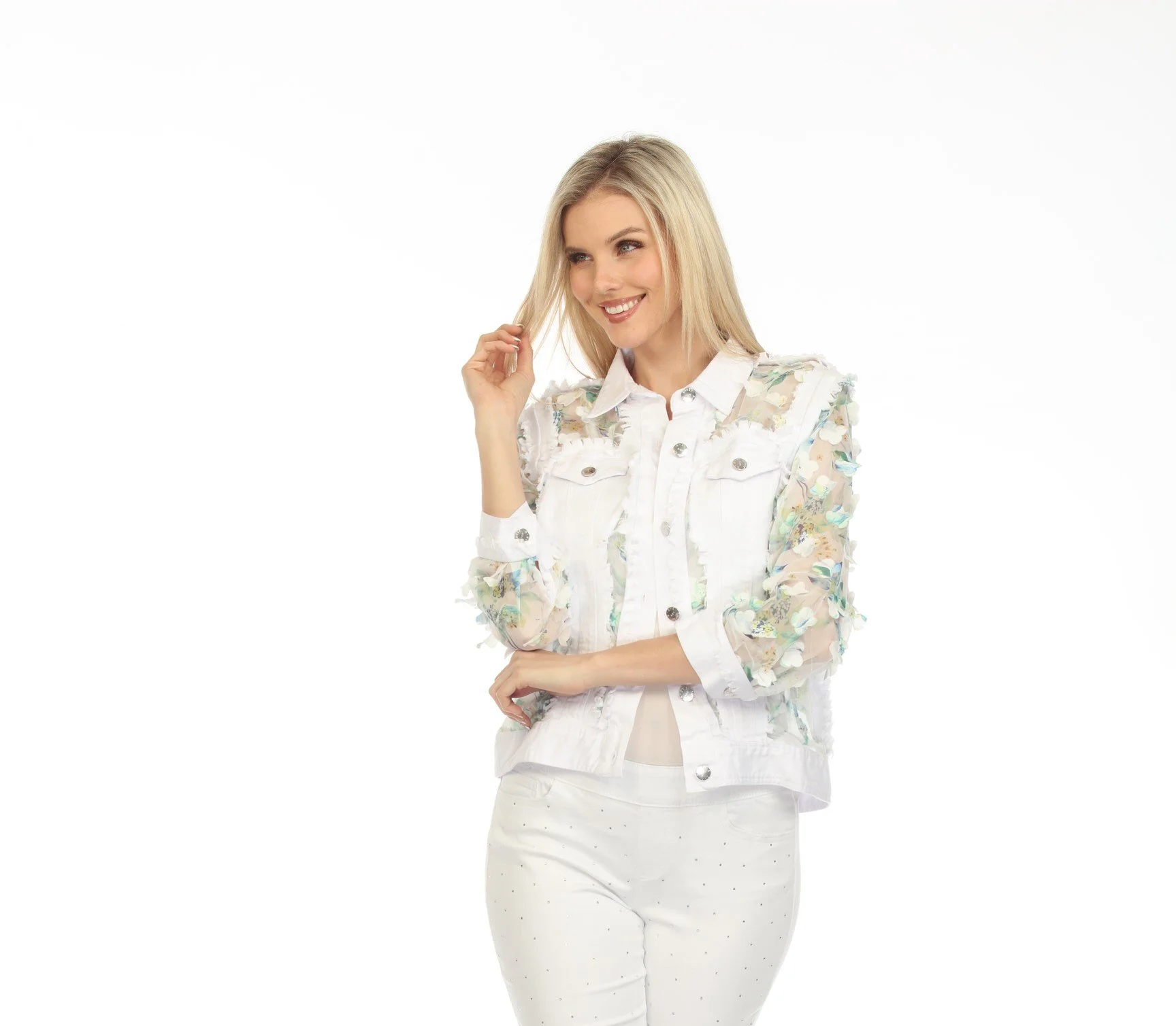 NEW! White Denim Jacket with Mesh Sleeve
