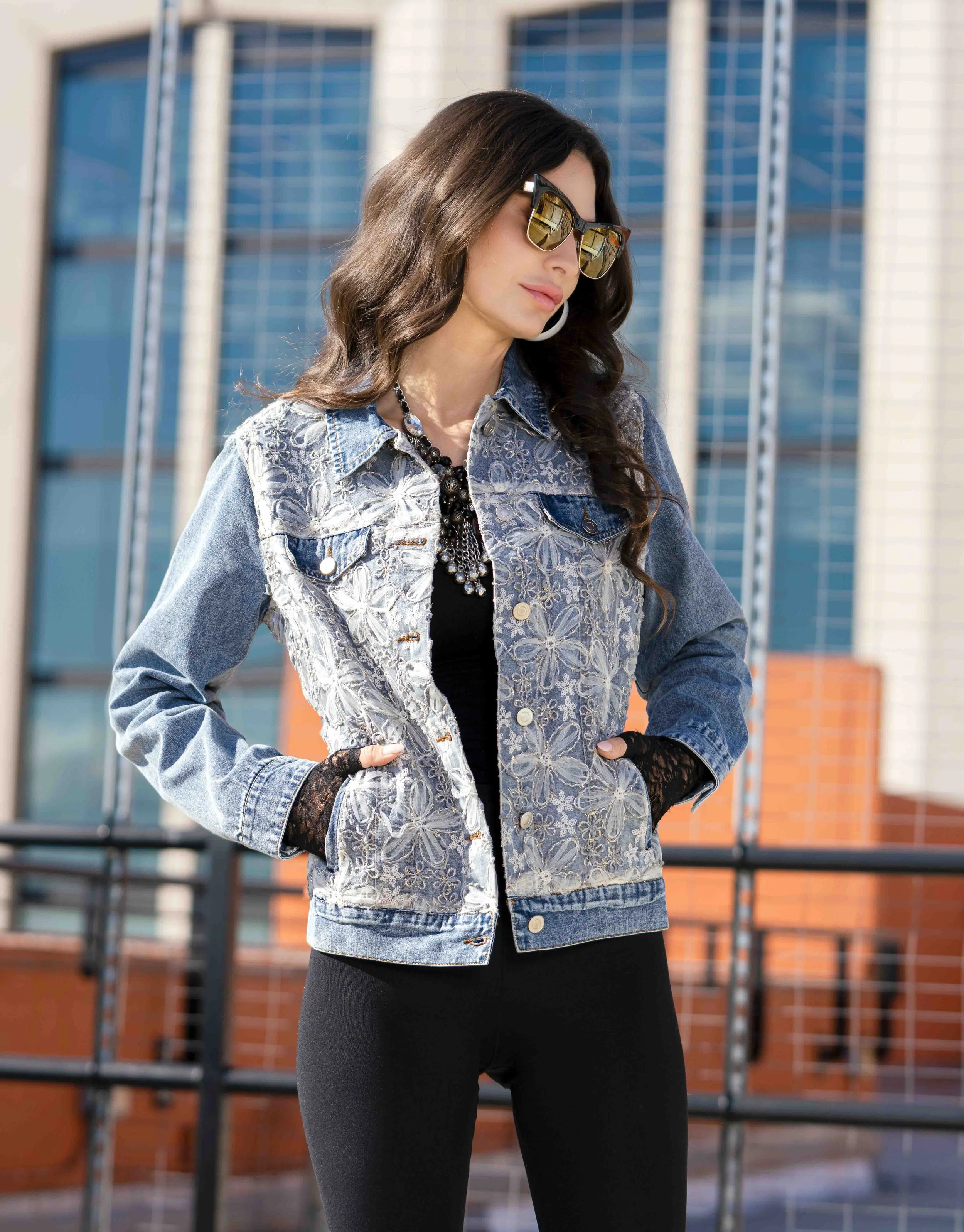 NEW! Lace & Sequin Trim Denim Jacket
