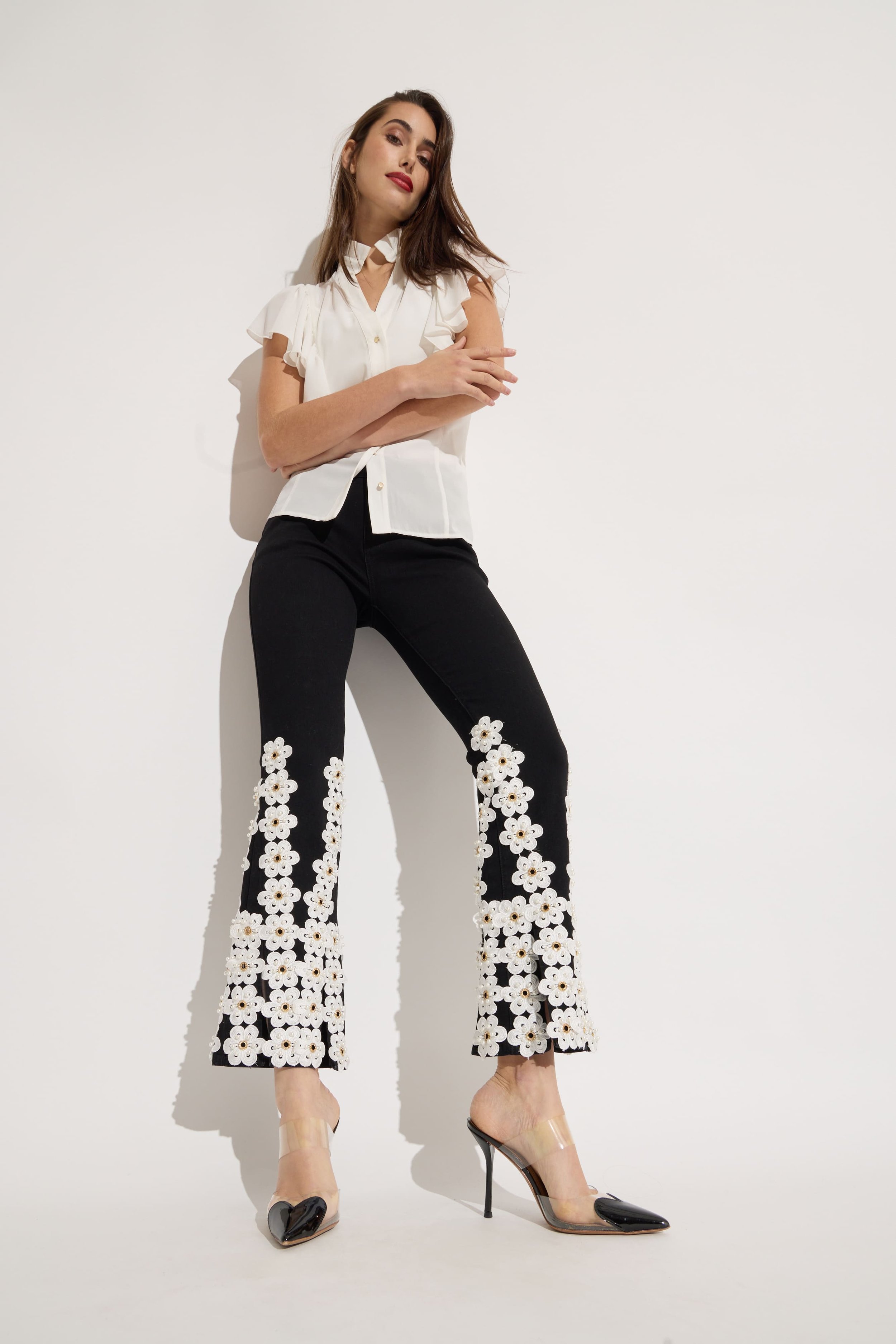 BEST SELLER! Embroidered Grommet and Pearl Crop Pant in Black