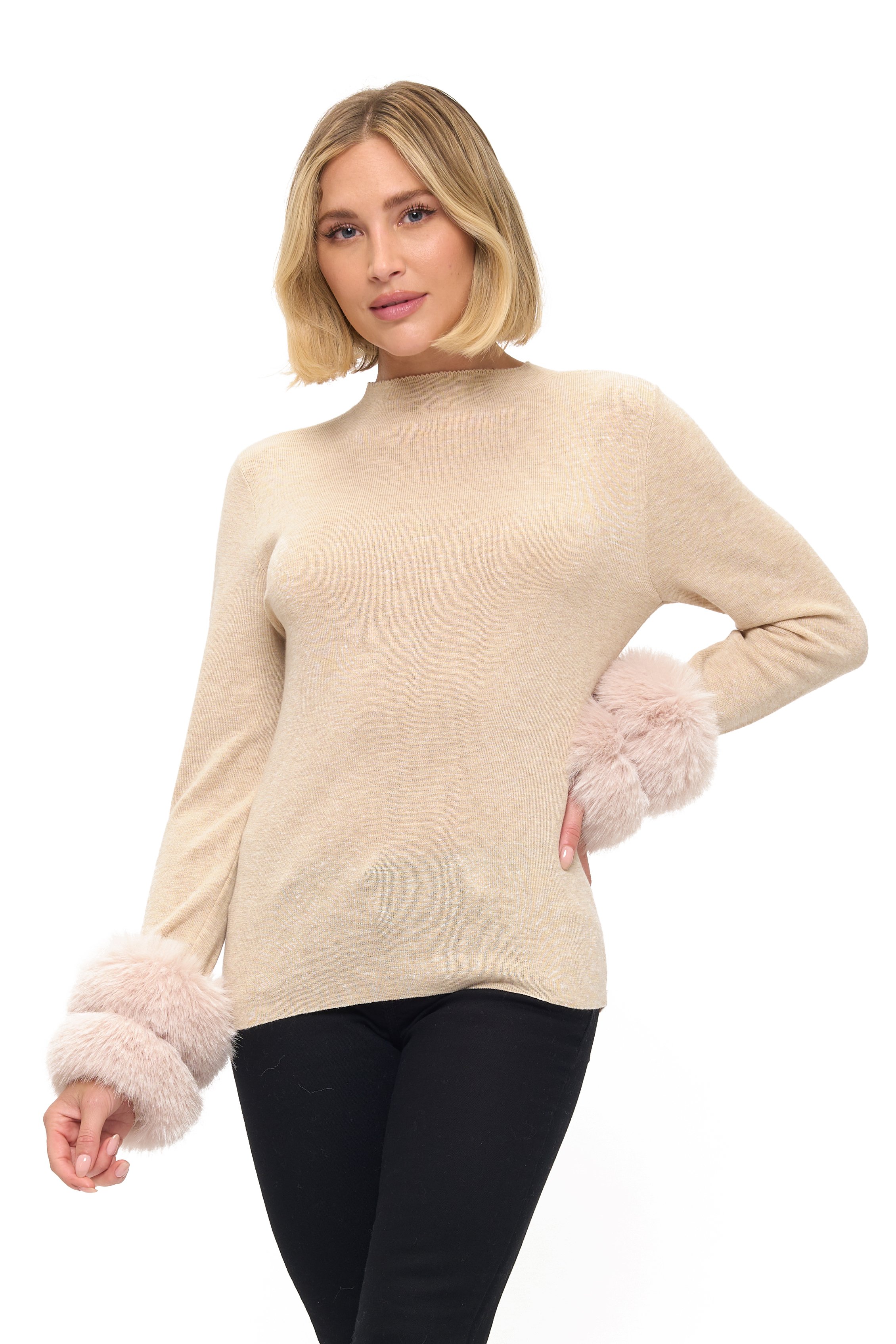 NEW! Faux Fur Cuff Sweater in Oatmeal