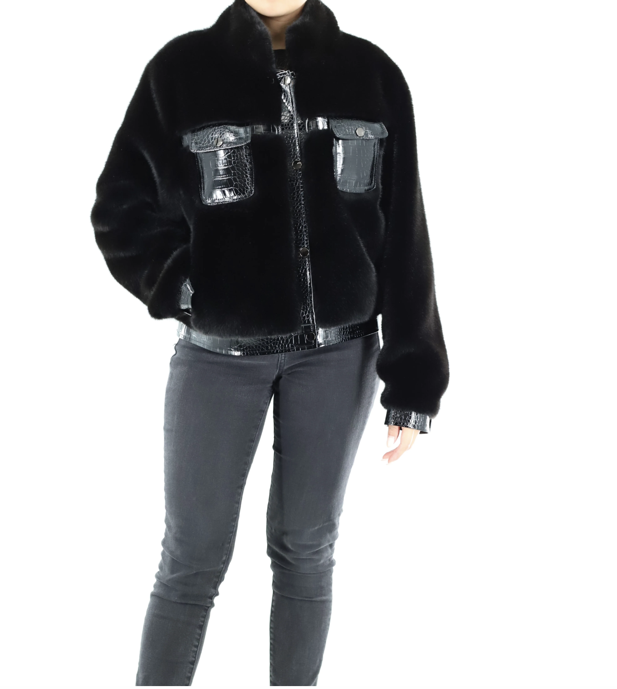 Croc Pocket Faux Fur Bomber in Black