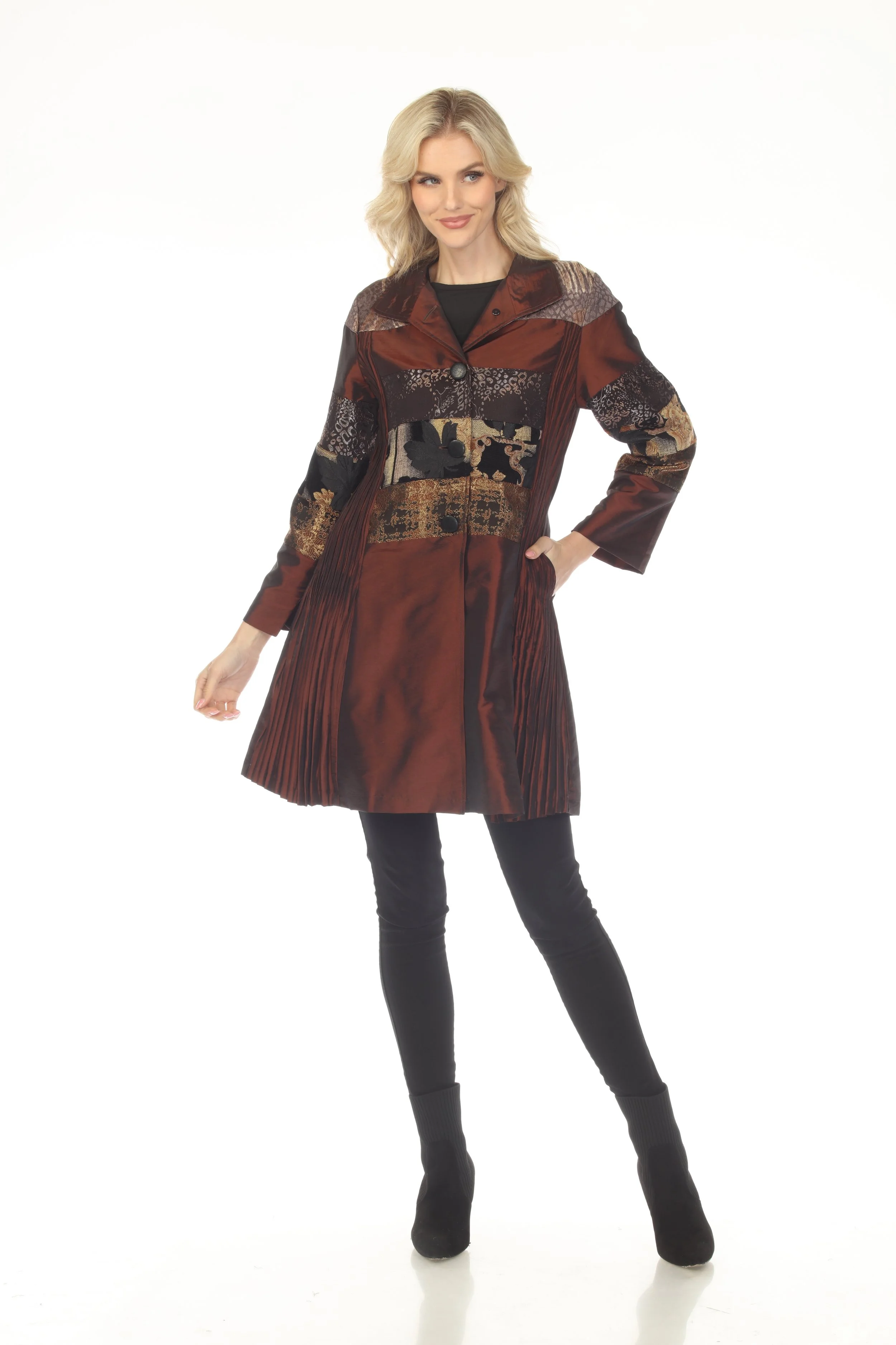 NEW! Tapestry Trim Side Pleated Coat (Also Available in Plus Size)