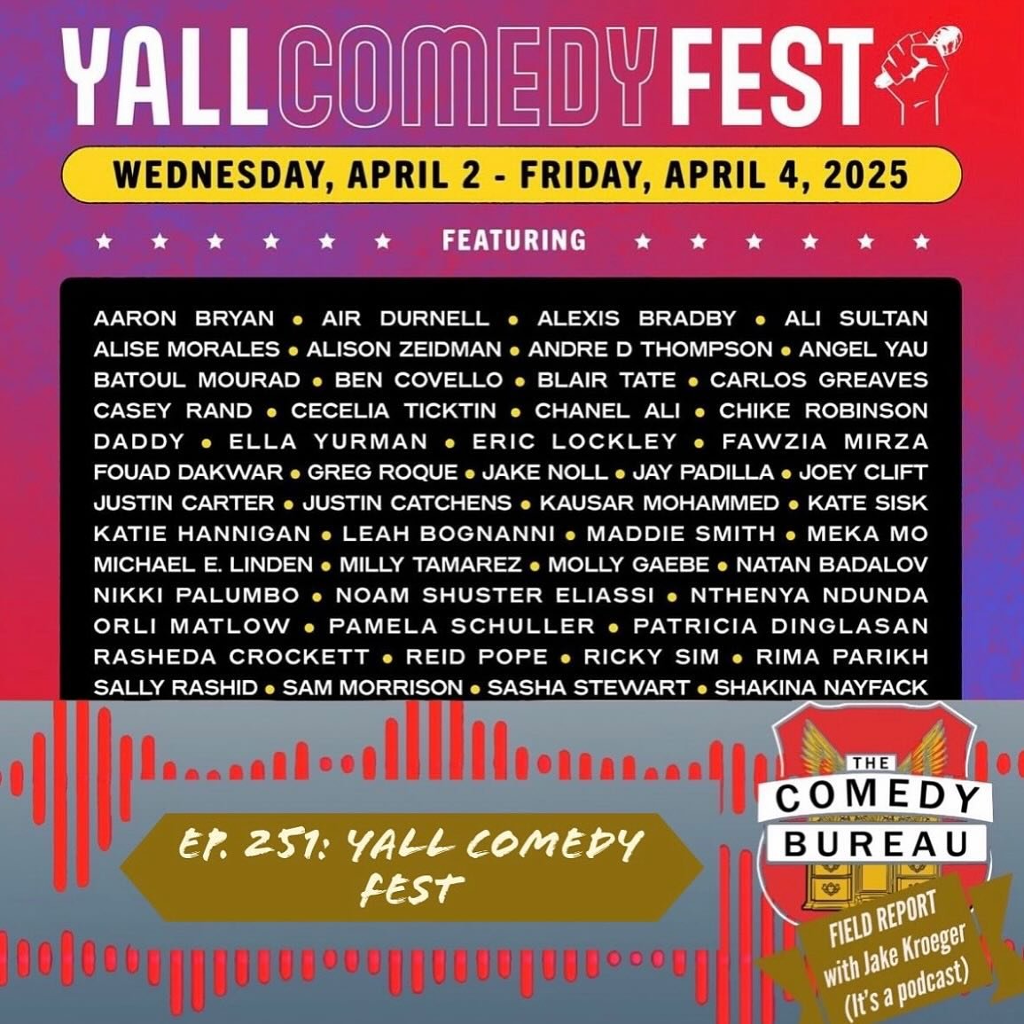 This week&rsquo;s episode of @thecomedybureau Field Report is all about YALL! The @yallcomedy team, @mikrmoore, @erikasotogram, and @whereschike, chats with @notthesupermarket about how comedy can make a difference and change the world 🎭🎤 Link in b
