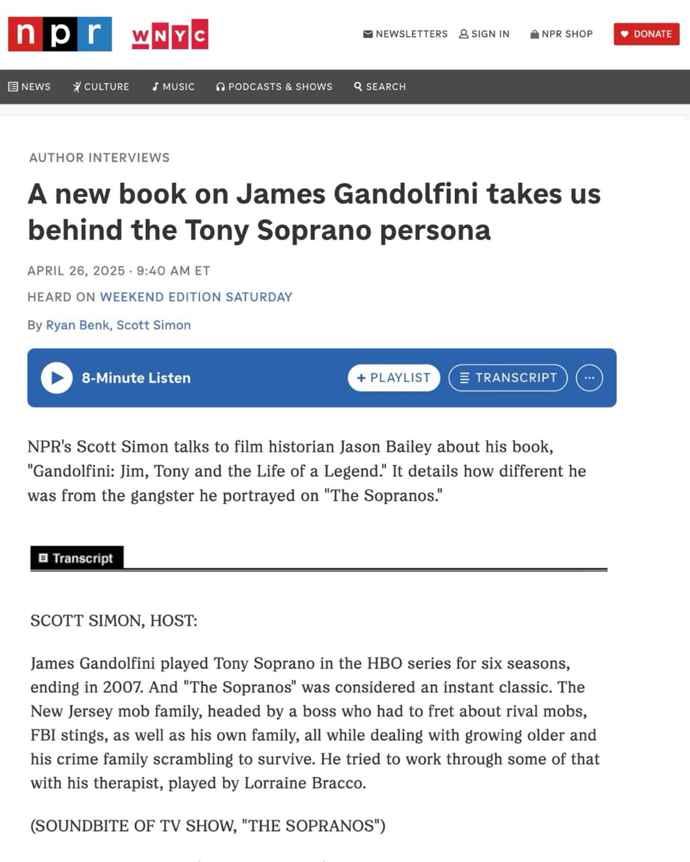 Big thanks to @npr for the interview with Jason Bailey about his new book, &ldquo;Gandolfini: Jim, Tony, and the Life of a Legend,&rdquo; available tomorrow!! 📚🎬🥳