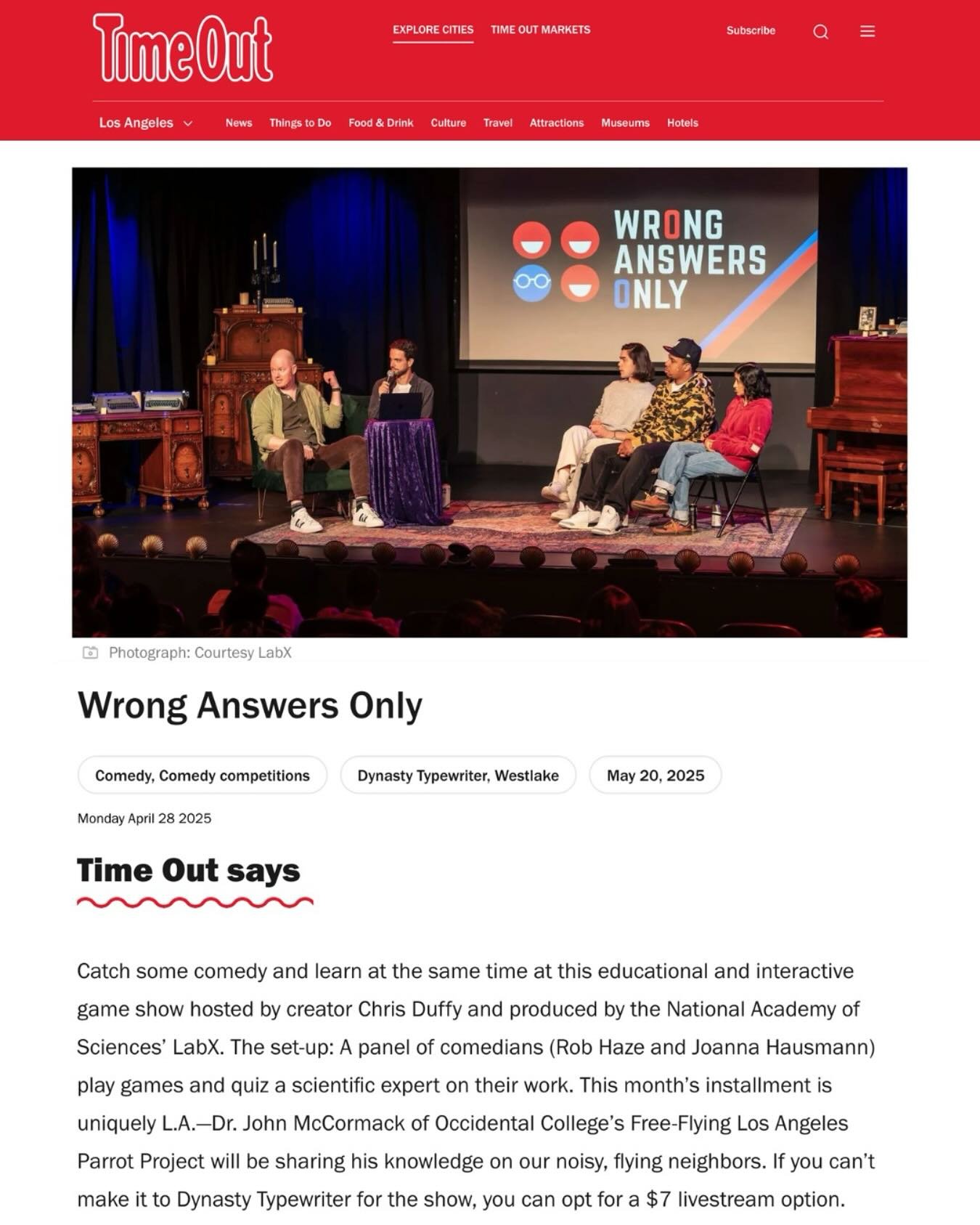 Mark your calendars! 📅 Science meets comedy on May 20th at @dynastytypewriter with @chrisiduffy&rsquo;s Wrong Answers Only, an interactive game show featuring comedians @robhaze &amp; @johaus, plus bird expert Dr. John McCormack 🦜 Thanks @timeoutla