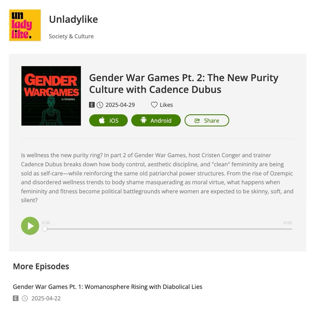 @brooklynstrength joins @cristenconger in Pt. 2 of Gender War Games from @unladylikemedia to unpack how &ldquo;clean&rdquo; femininity and fitness &amp; wellness trends are being sold as self-care, but still reinforce outdated power dynamics. Link in