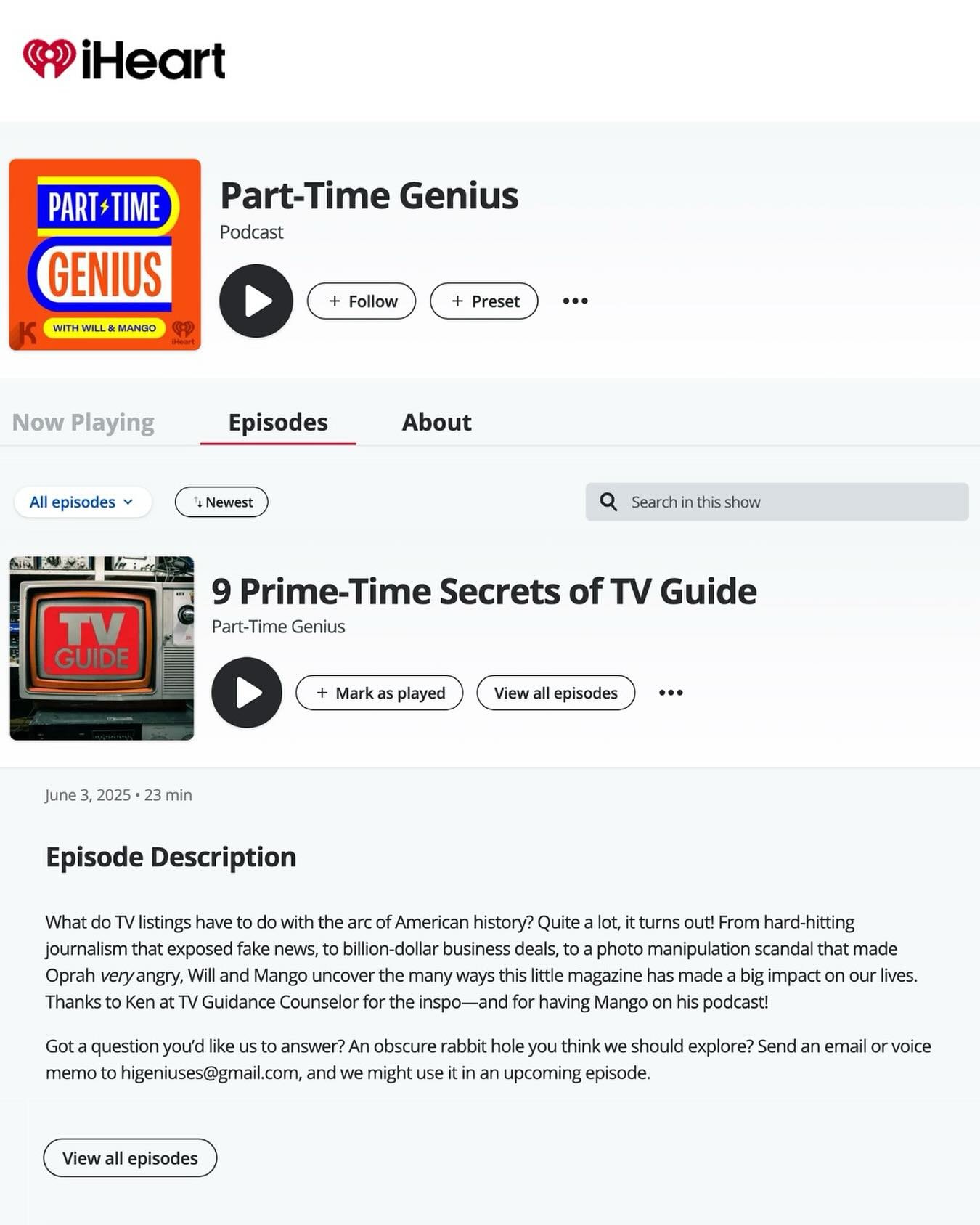 On today&rsquo;s episode of @parttimegenius, Will and @mhattikudur explore how TV listings and the arc of American history are connected. Shoutout to @kennethwreid from @tvguidance for episode inspo! 📺 Link in bio!