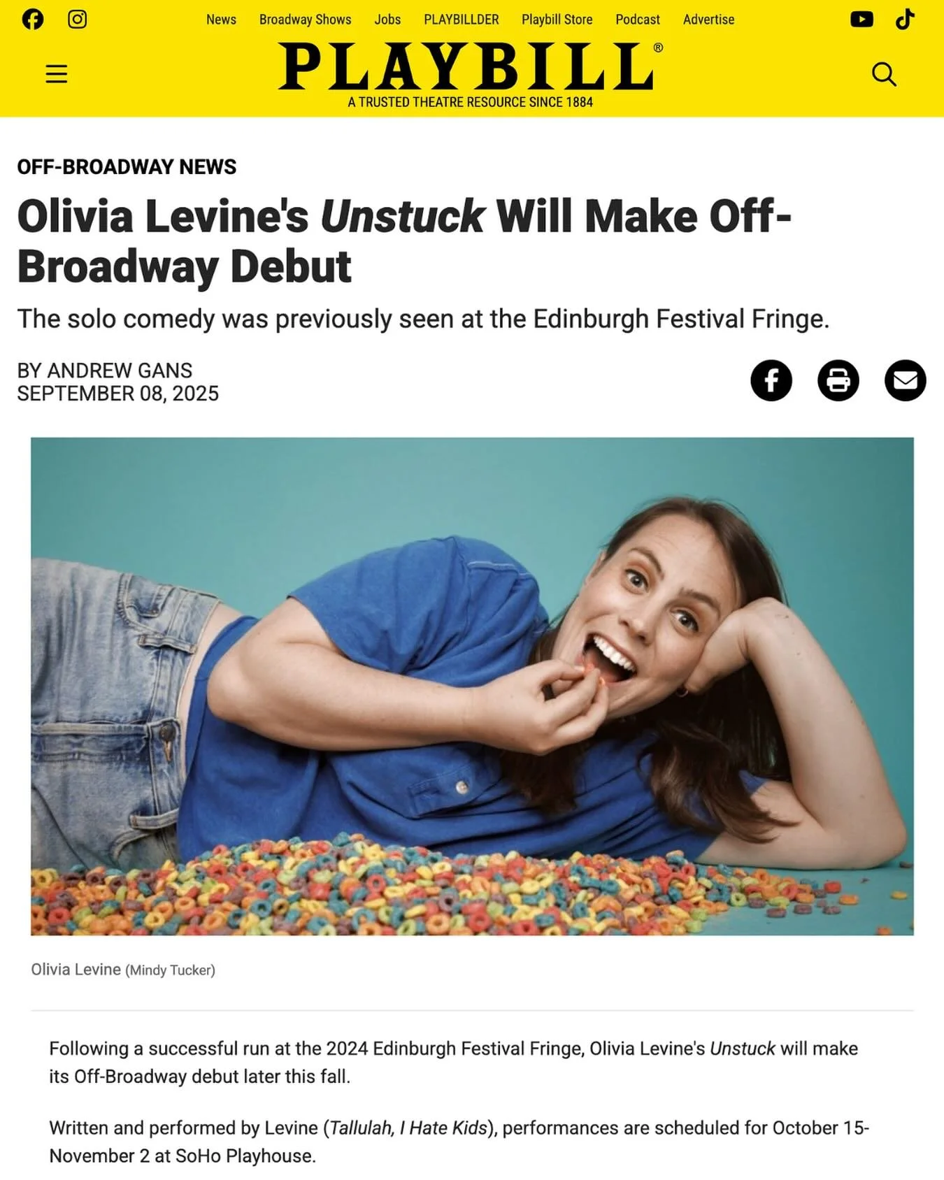 It&rsquo;s time to mark your calendars, NYC! @olivialevine19&rsquo;s solo show @unstuckplay is coming to @sohoplayhousenyc this fall (Oct 15-Nov 2)!! 🎟️🙌 Thanks @playbill for the exclusive! Link in bio!