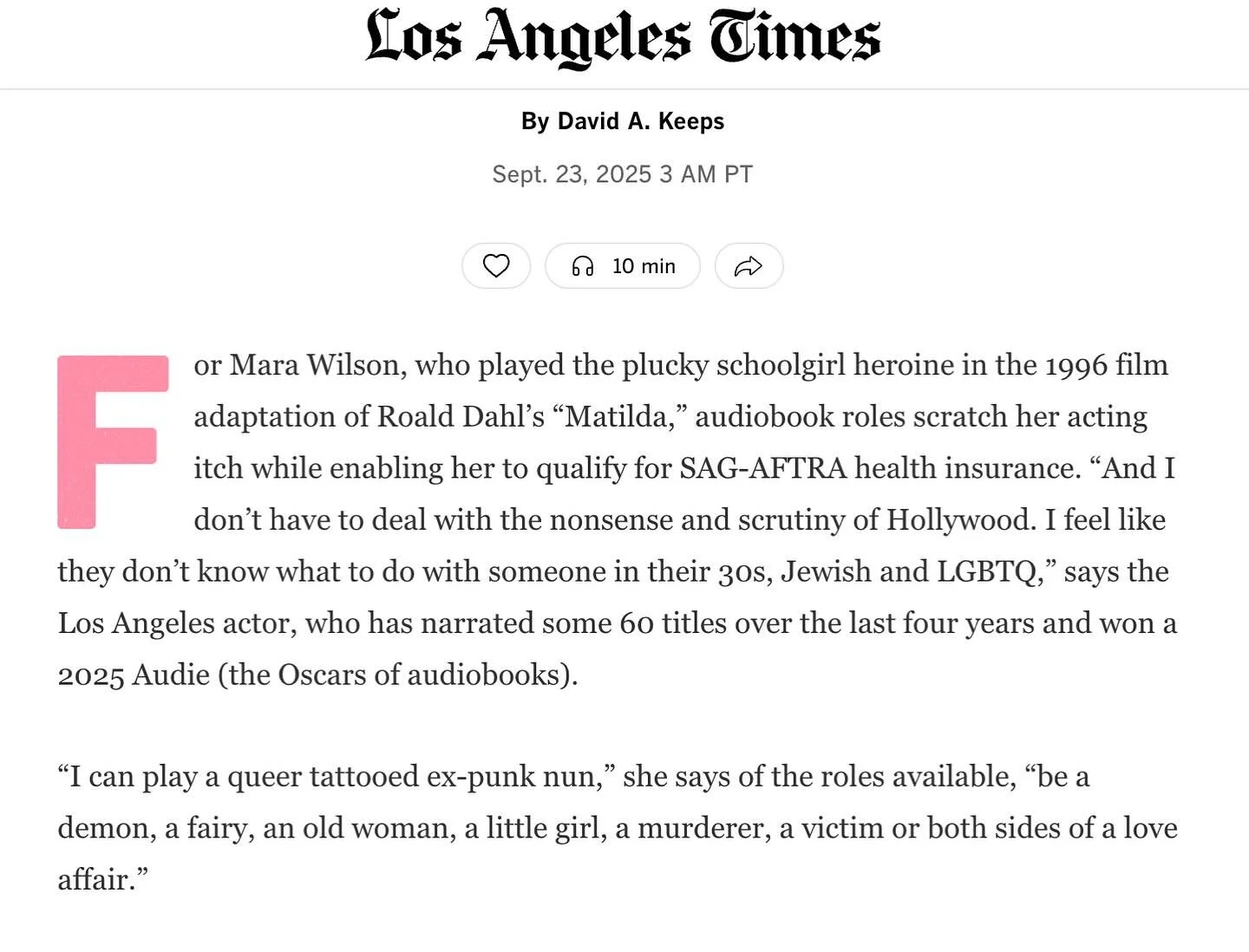 @marawilson shares how audiobook narration has opened up a whole new world of characters for her to bring to life!🎙️📚🙌 Thank you @latimes @davidkeepsinsta for the feature!!