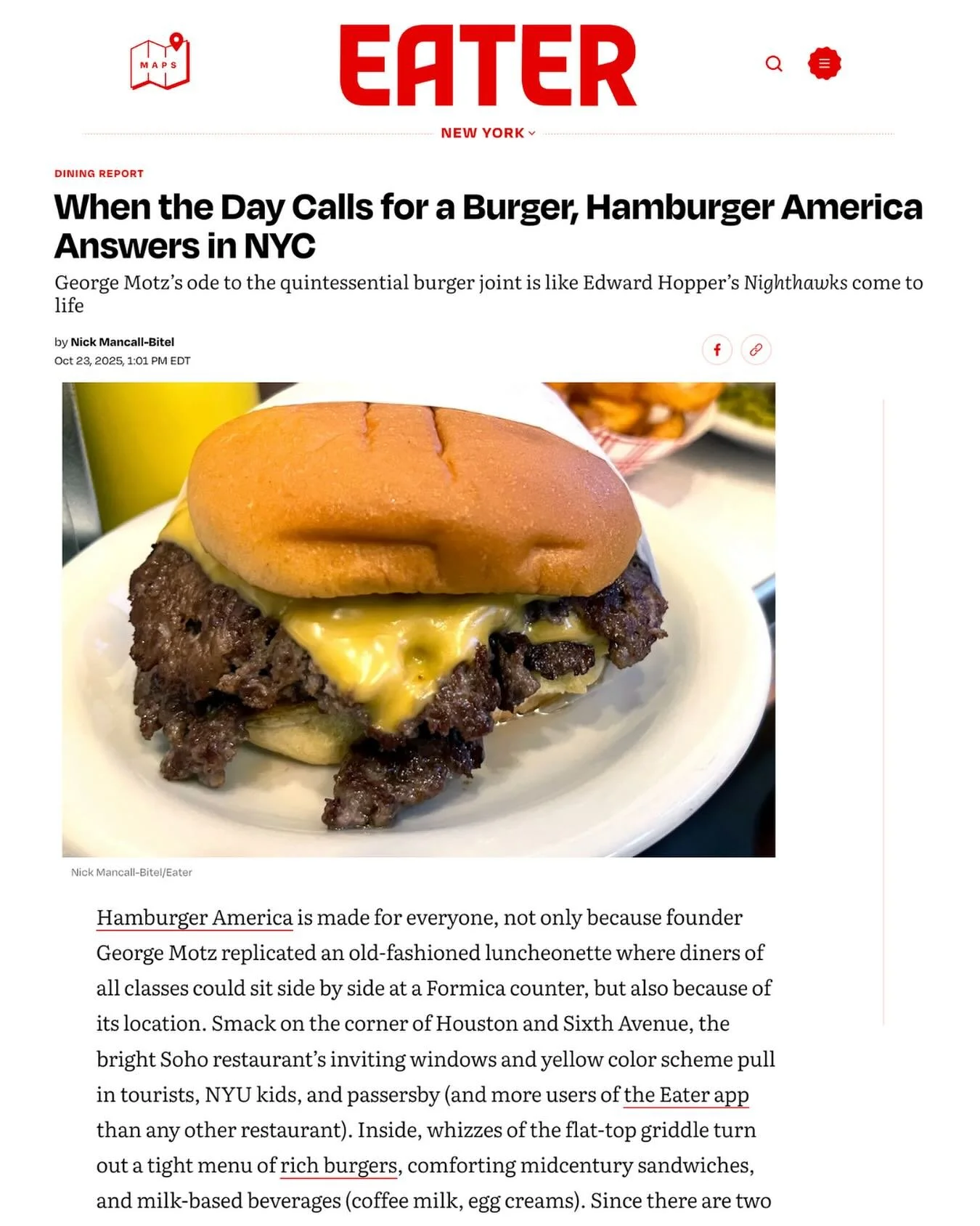 Thank you @eater @eater_ny for another great feature on @hamburger_america and @motzburger!! 🍔🥰👏 Full piece in bio!