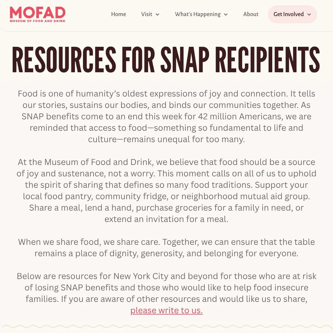 We&rsquo;re sharing some important resources compiled by @mofad for anyone at risk of losing SNAP benefits, facing food insecurity, or looking for ways to help out. Link in bio❤️