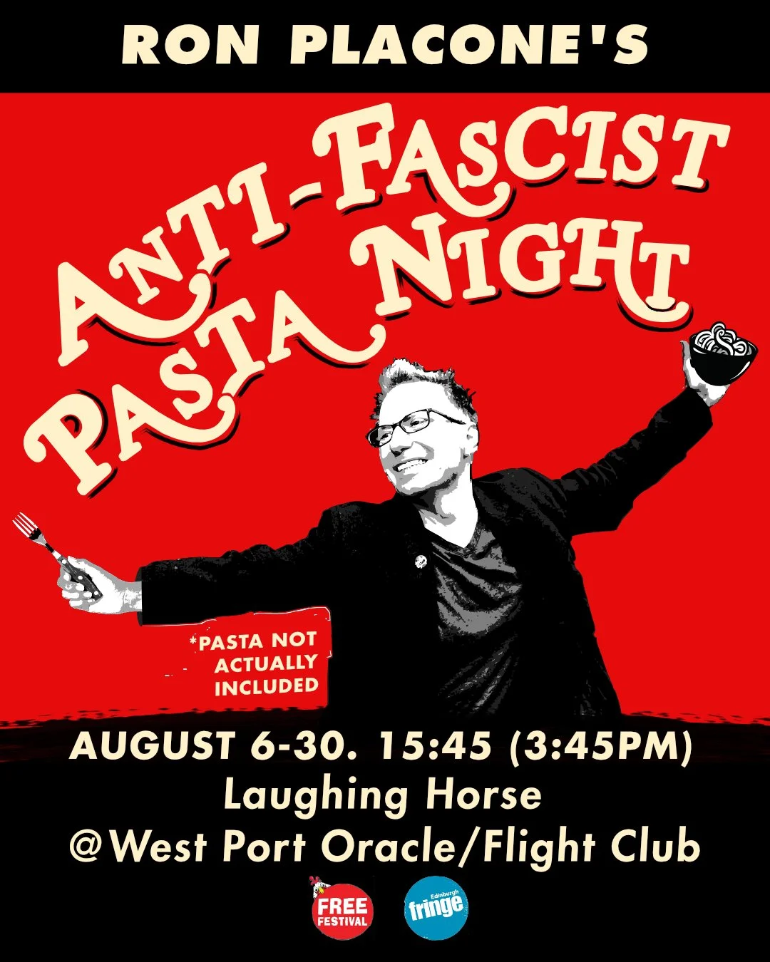 RON PLACONE BRINGS ‘ANTI-FASCIST PASTA NIGHT’ TO THE 2026 EDINBURGH FRINGE FESTIVAL AUGUST 6-30, 2026