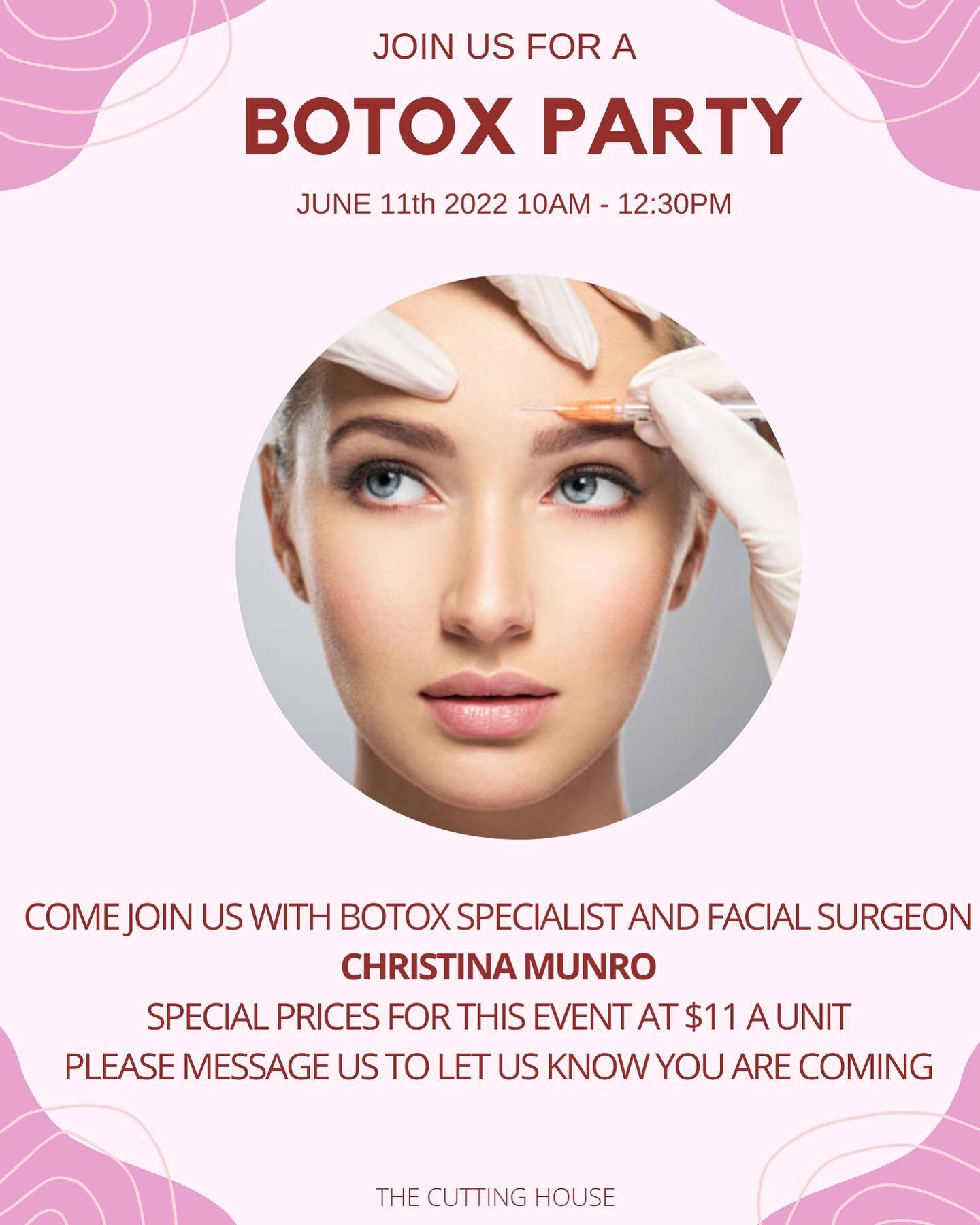 COME JOIN US FOR A BOTOX PARTY HOSTED AT THE CUTTING HOUSE! IF YOU HAVE ANY QUESTIONS PLEASE MESSAGE OR CALL US.