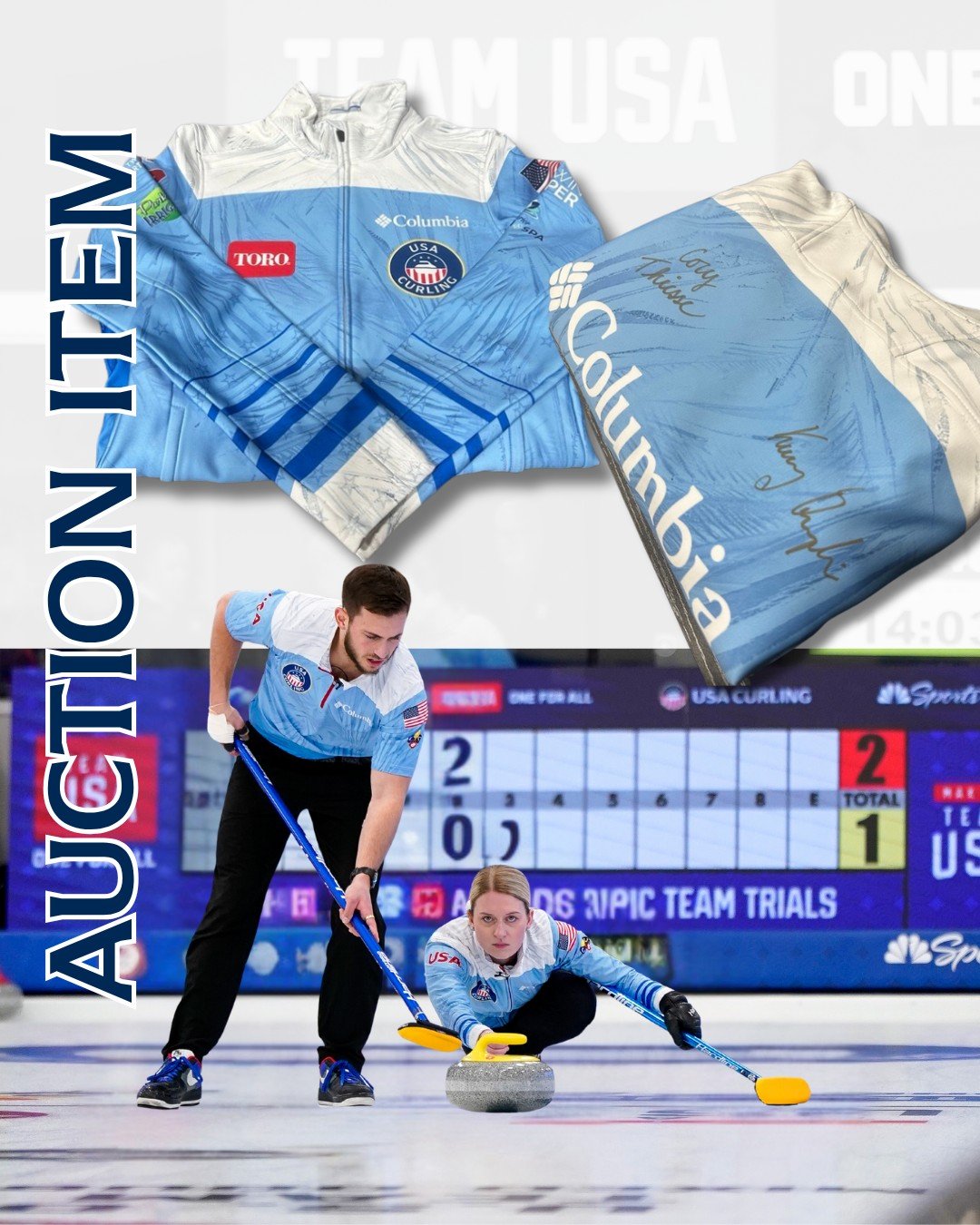 🥈🇺🇸 Bid on a piece of curling history! Own this Men&rsquo;s Medium uniform jacket, signed by Olympic Silver Medalists Cory Thiesse &amp; Korey Dropkin, featuring the same uniform design worn by the duo at the 2026 Mixed Doubles Trials. This auctio