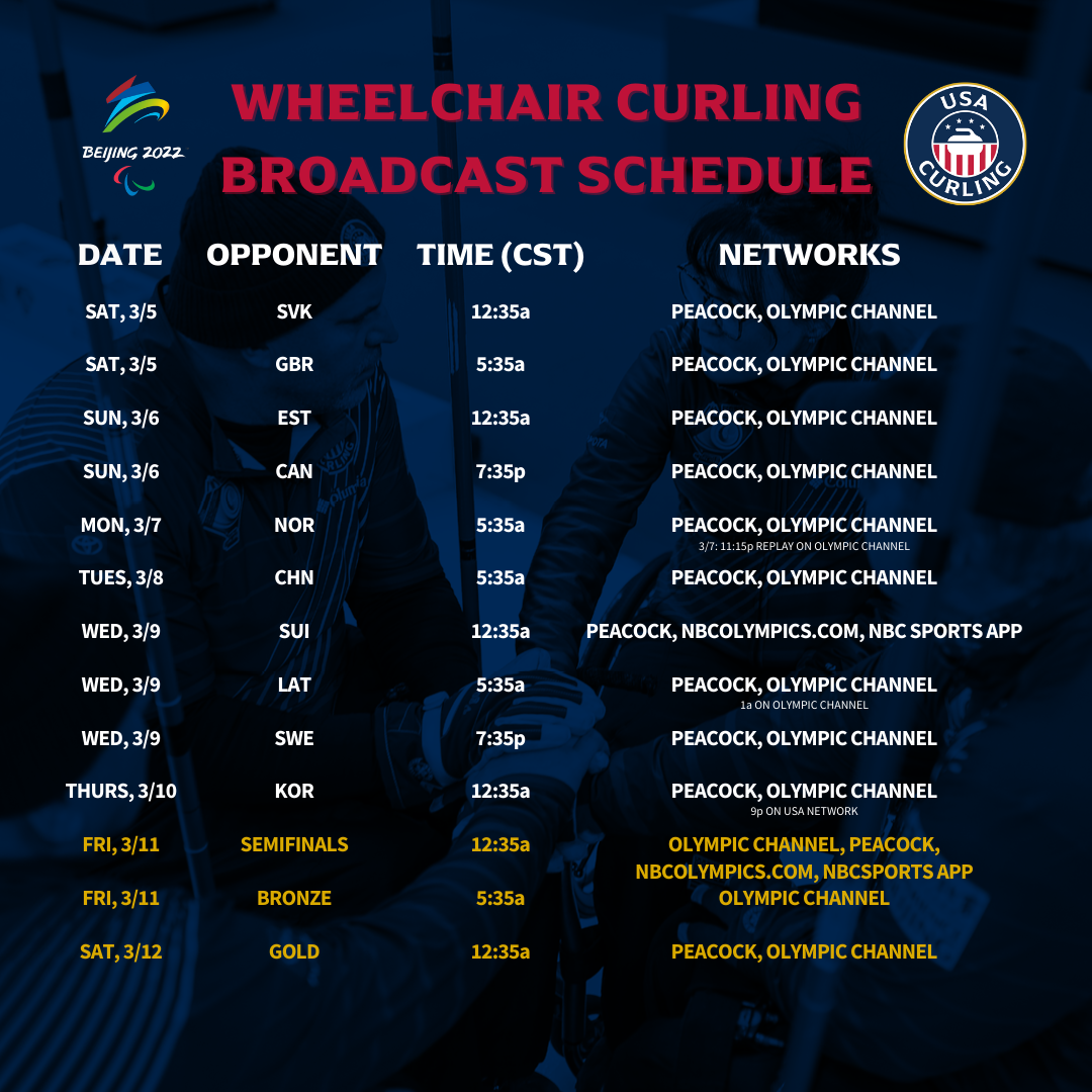 2022 TEAM USA WHEELCHAIR CURLING PARALYMPIC BROADCAST SCHEDULE — USA CURLING