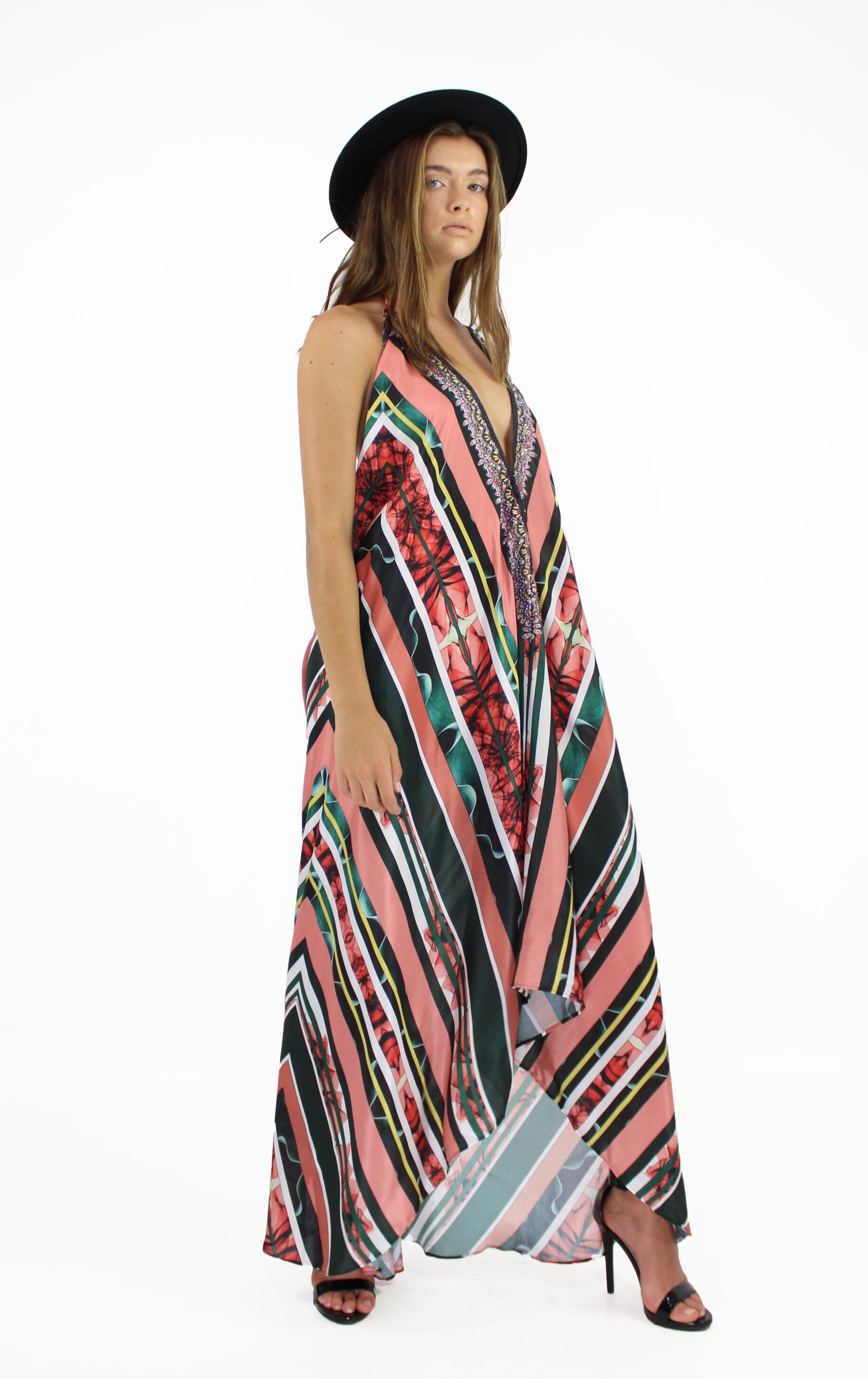 pink stripe bohemian long dress