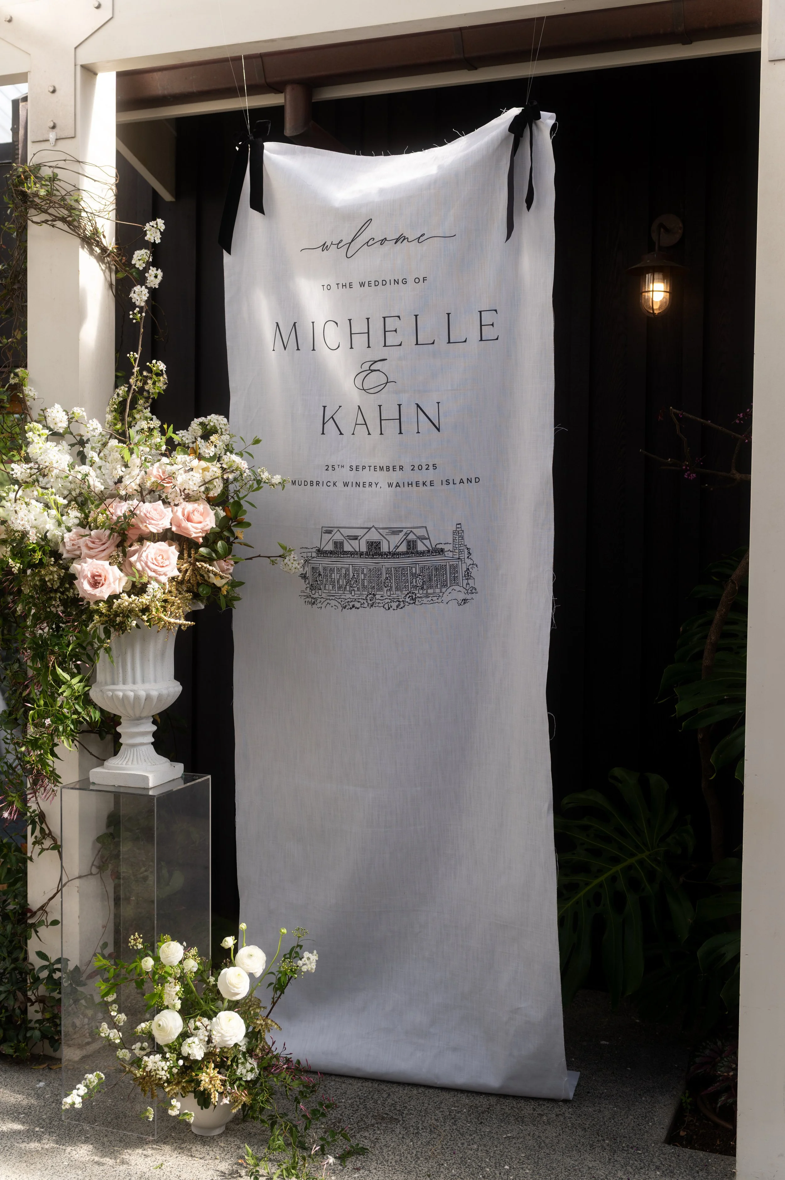 Fabric Wedding Welcome Sign with custom venue sketch