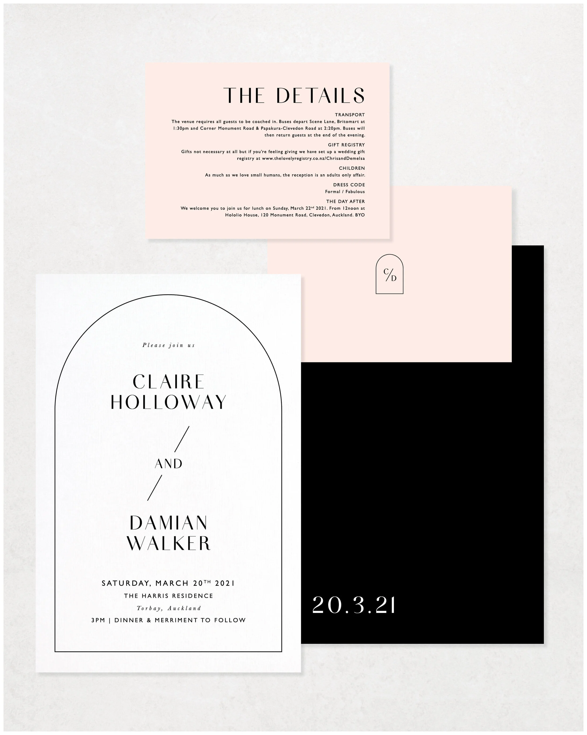 Just My Type Wedding Invitation Stationery NZ Modern Art Deco Arch Emerald 3.jpg