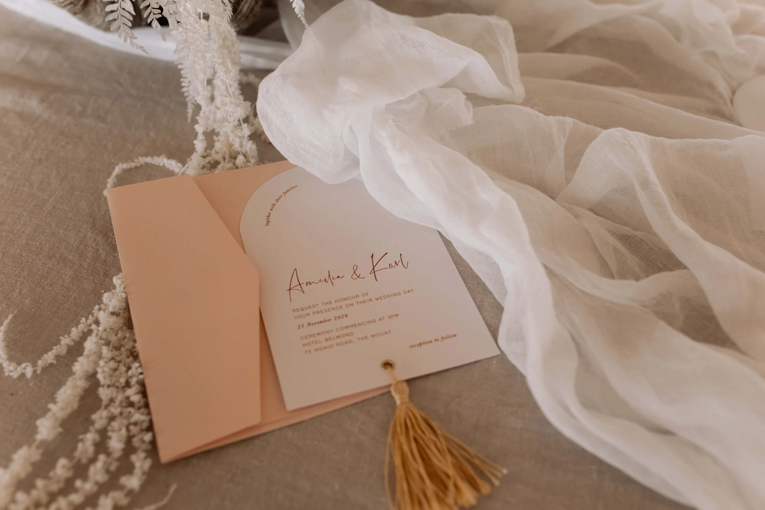 Just My Type Wedding Invitation Stationery NZ Modern Romantic Warm Neutrals Arch Tassel Together Journal 6.jpg