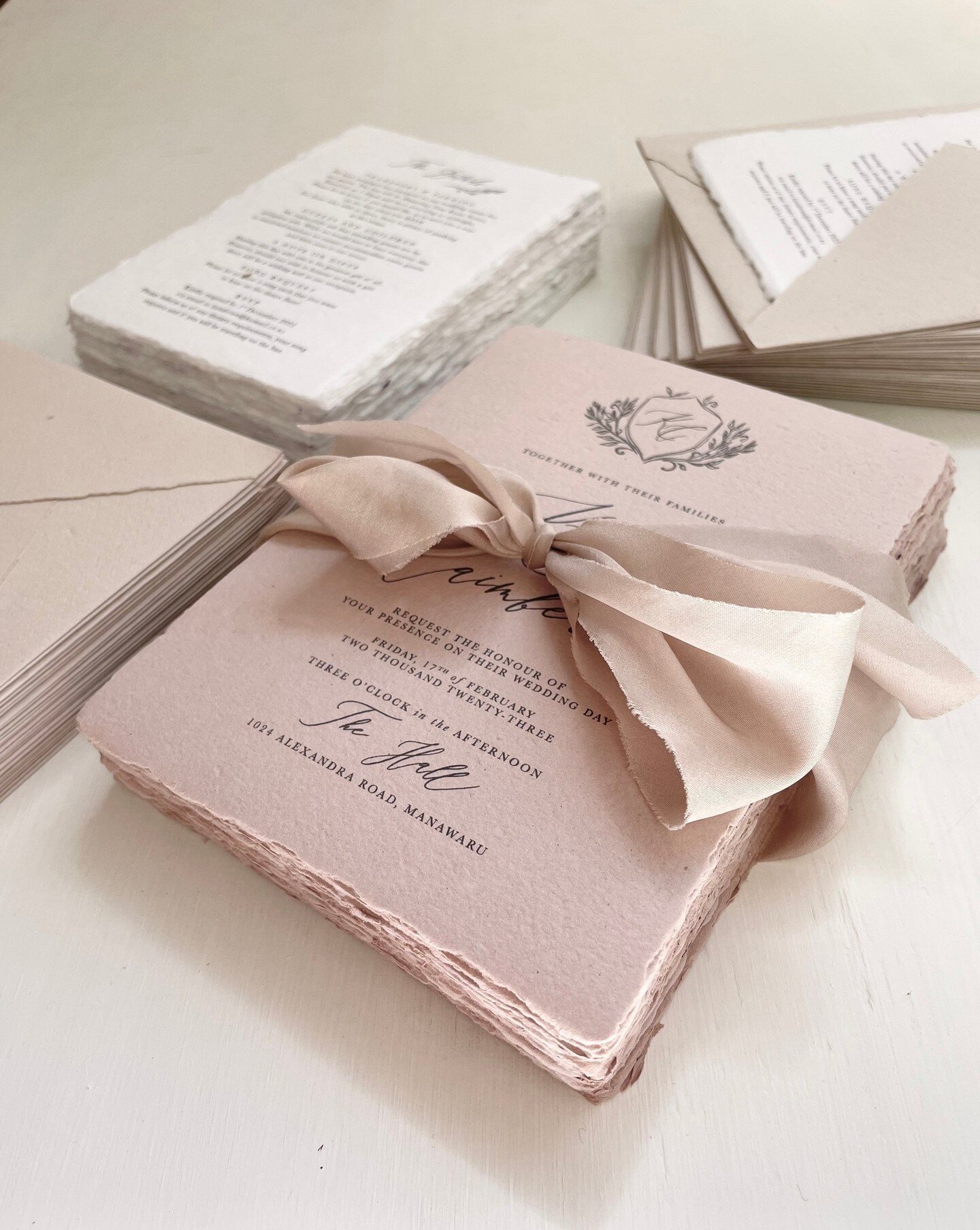 Gorgeous combo of handmade paper for K&amp;C x⁠
⁠
Absolutely loved designing this custom wedding stationery suite with you Kate!  I'm still dreaming about that hand drawn monogram crest and its delicate foliage wreath. ⁠
⁠
Would stationery in this st