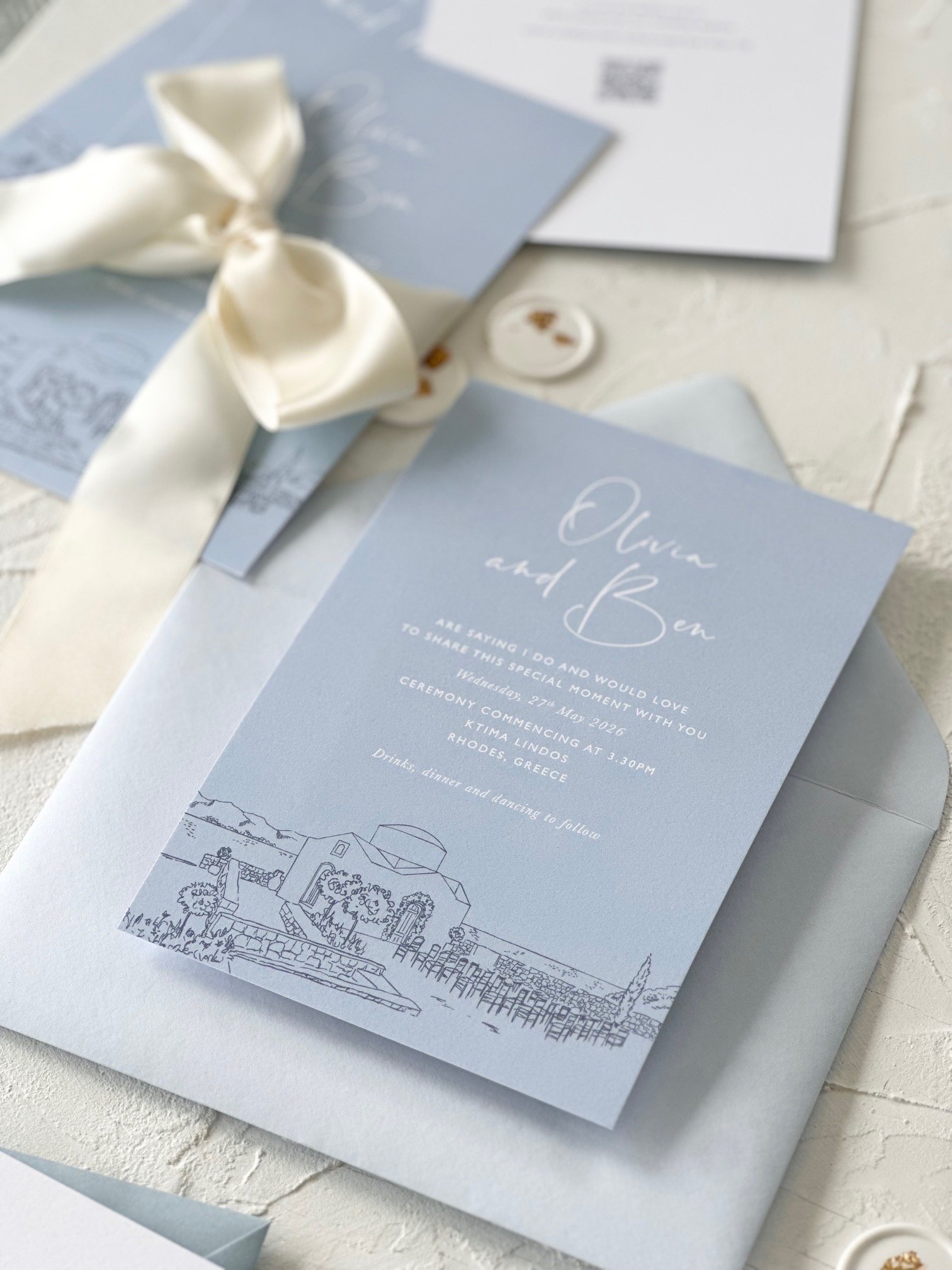 Custom Venue Sketch for Wedding Invitation of Rhodes Greece