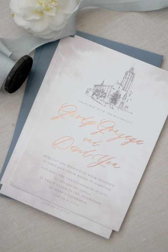 Custom Wedding Ceremony Sketch of St Mary's Cathedral, Calgary Canada