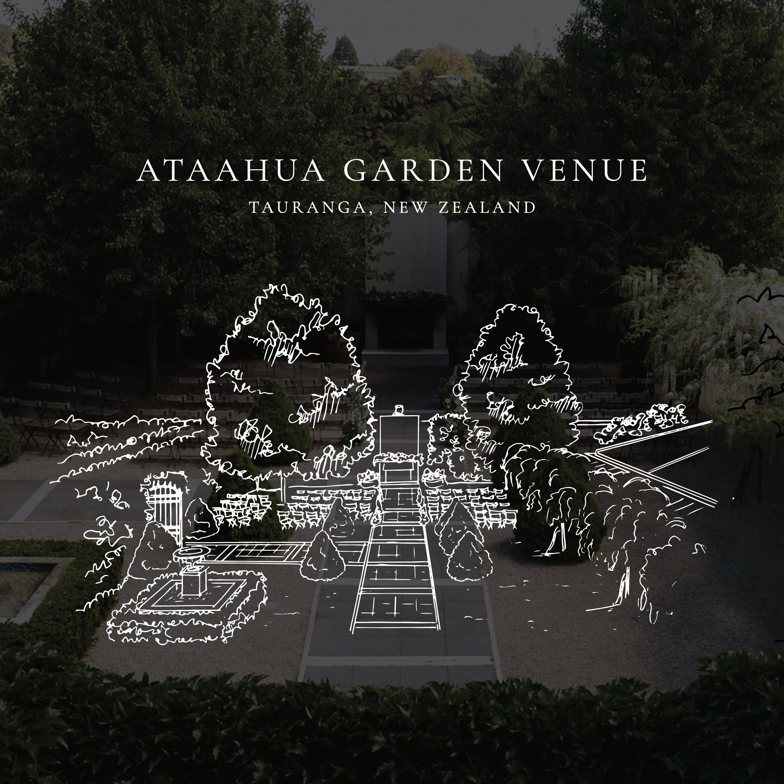 Custom Sketch of Ataahua Garden venue in Tauranga New Zealand for wedding invitation