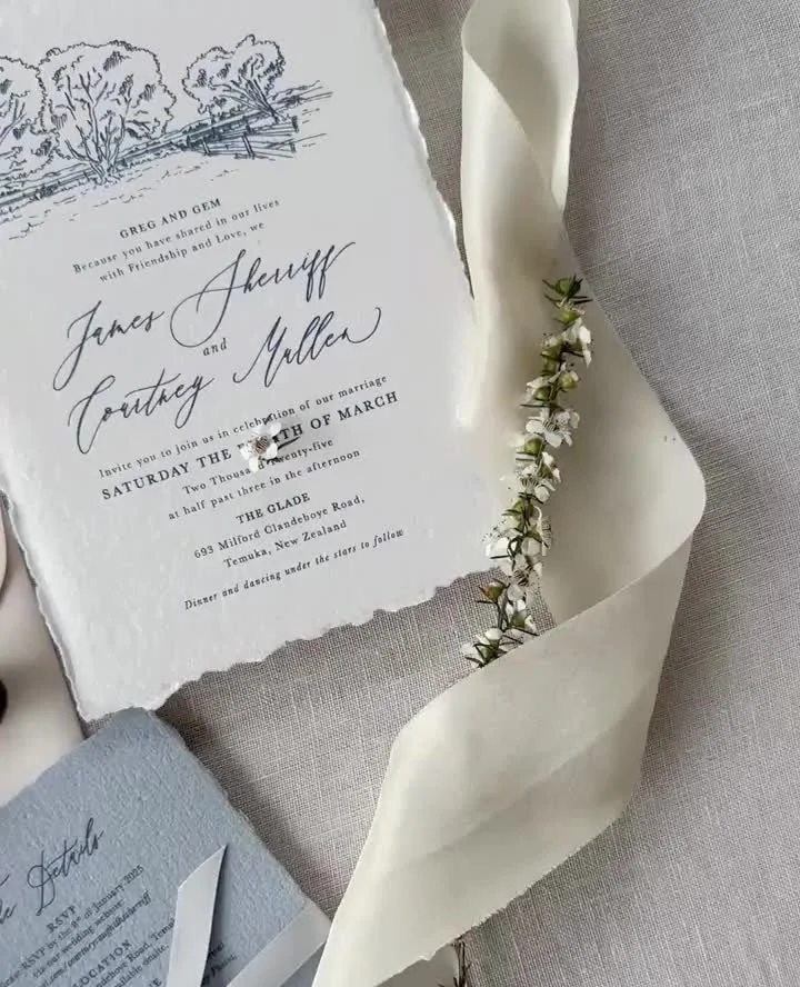 Soft textures, muted tones, and timeless charm.⁠
⁠
This Semi Custom invitation suite for Courtney &amp; James was all about romantic storytelling - from the hand-drawn illustration of their beautiful family farm &amp; wedding location to the deckled 