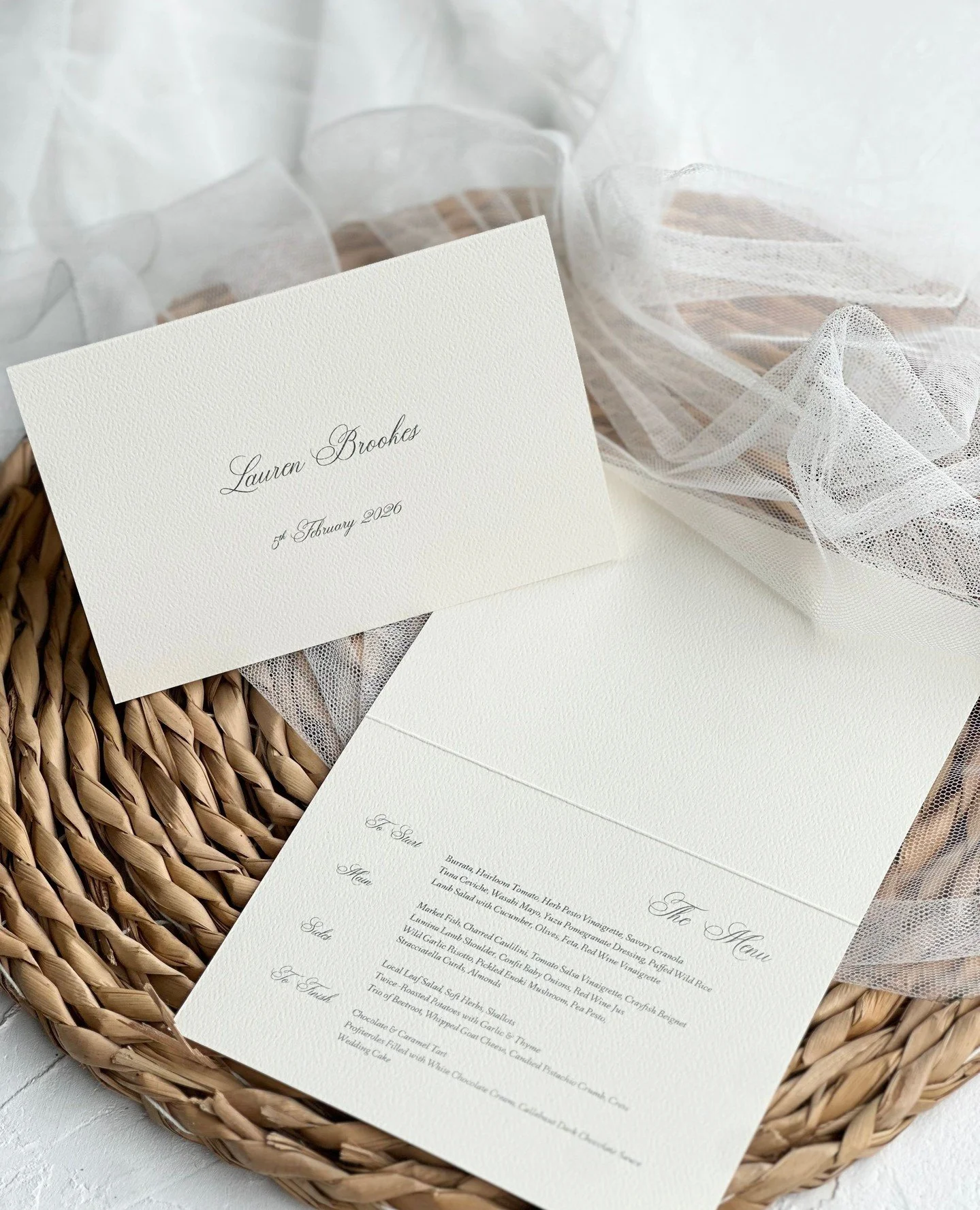 Bon App&eacute;tit ✨️⁠
⁠
Tent fold dinner menus onto soft cream, textured card for I&amp;H.⁠
PLUS, swipe to see their custom lace welcome sign and seating plan on handmade paper x⁠
⁠
Obsessed with this burgundy + cream colour palette 👌🏼