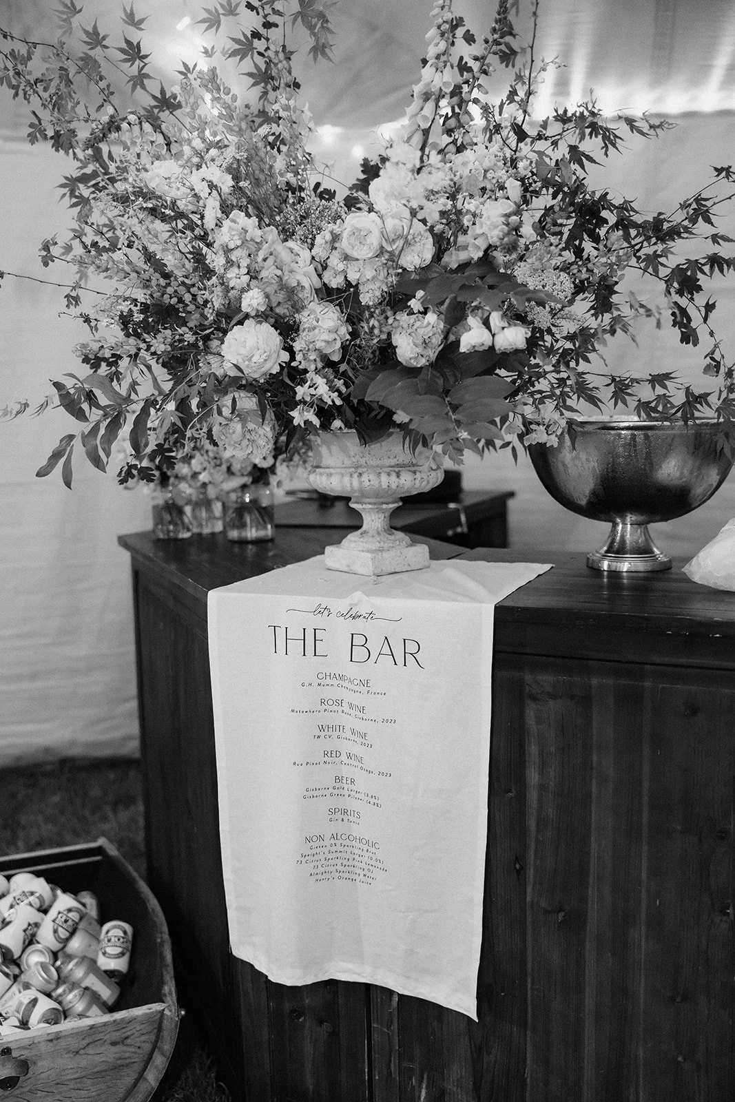 Fabric Wedding Drinks Menu over bar
