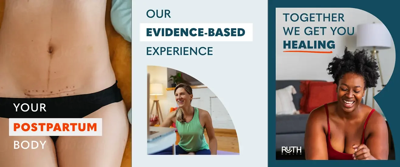 Ruth Health promotional graphics featuring postpartum recovery services and women's health care messaging