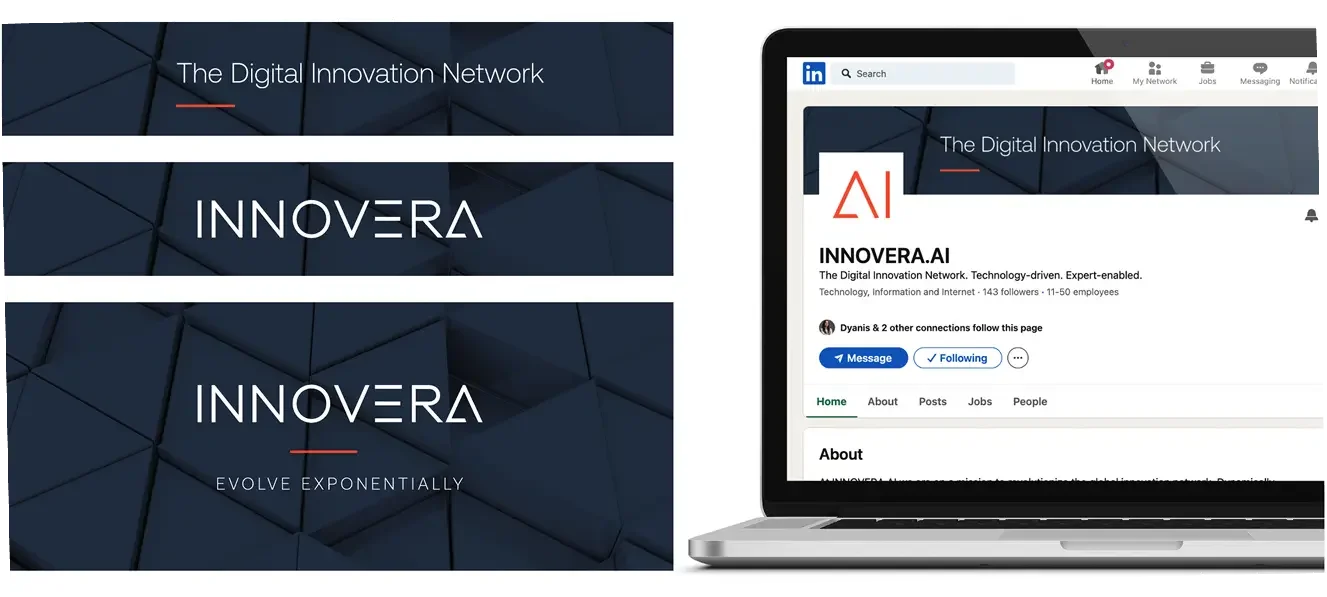 INNOVERA branding assets, social media banners, and LinkedIn company profile page mockup