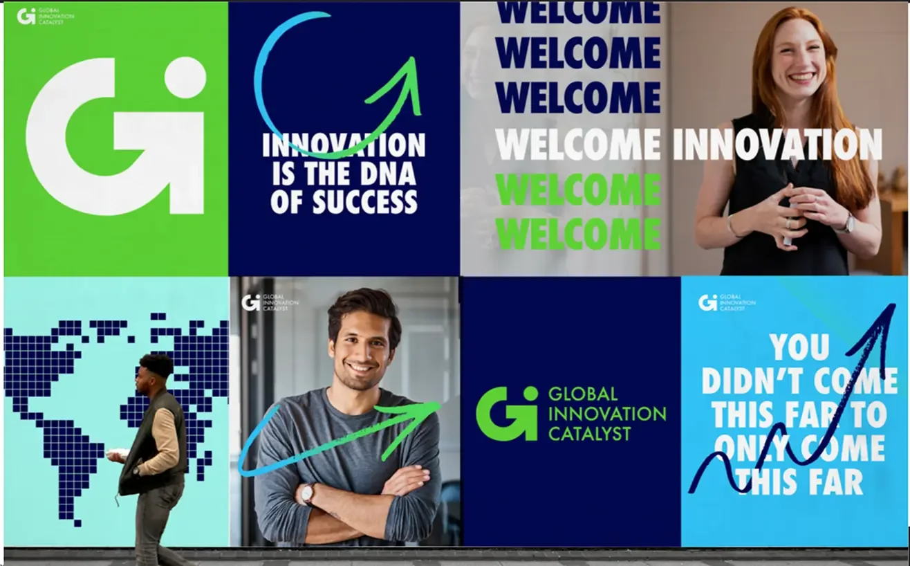 Global Innovation Catalyst social media graphic grid showcasing visual identity and brand messages