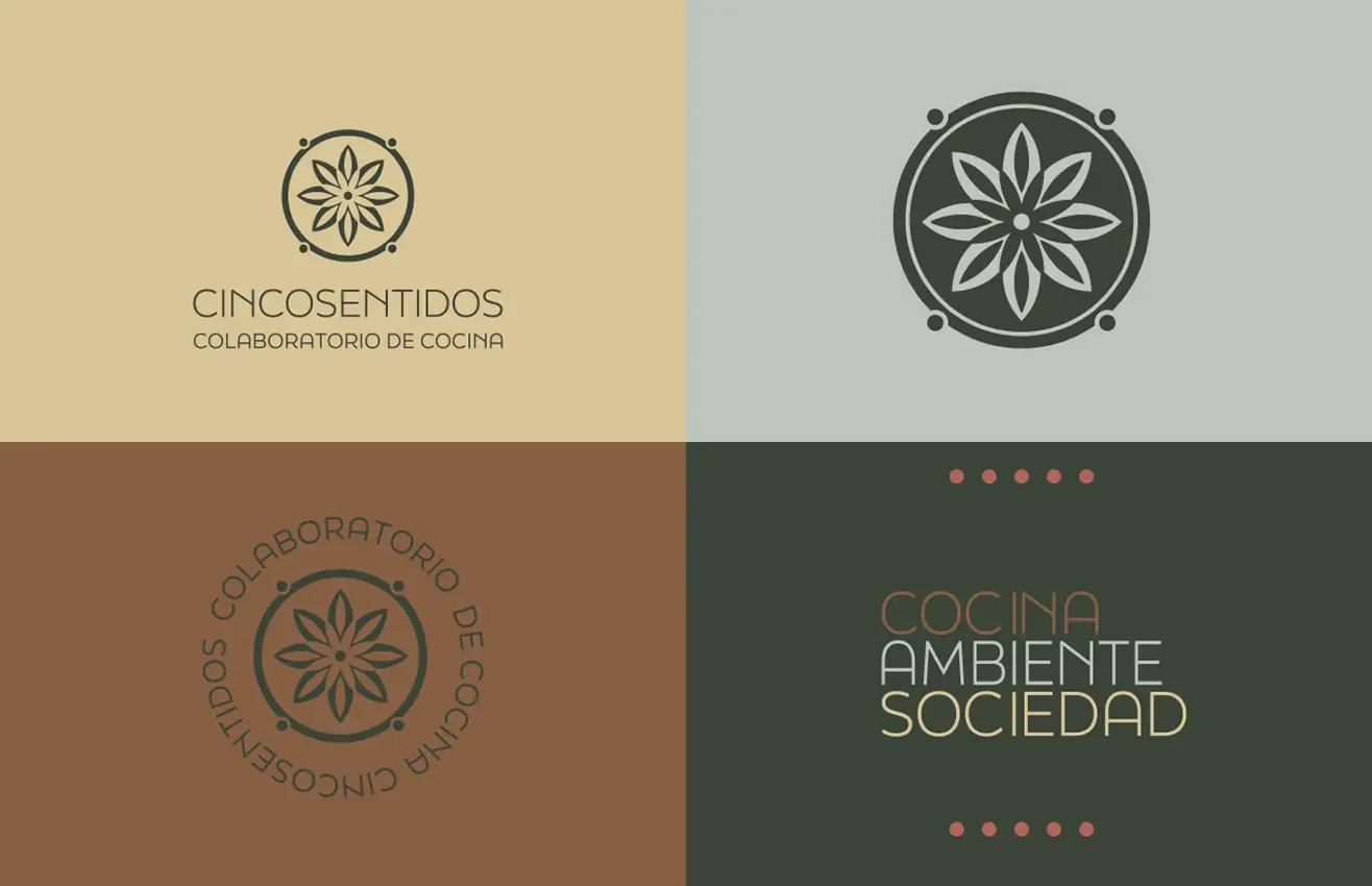Cincosentidos brand identity grid featuring logo variations, circular icon mark, and tagline on earthy color palettes