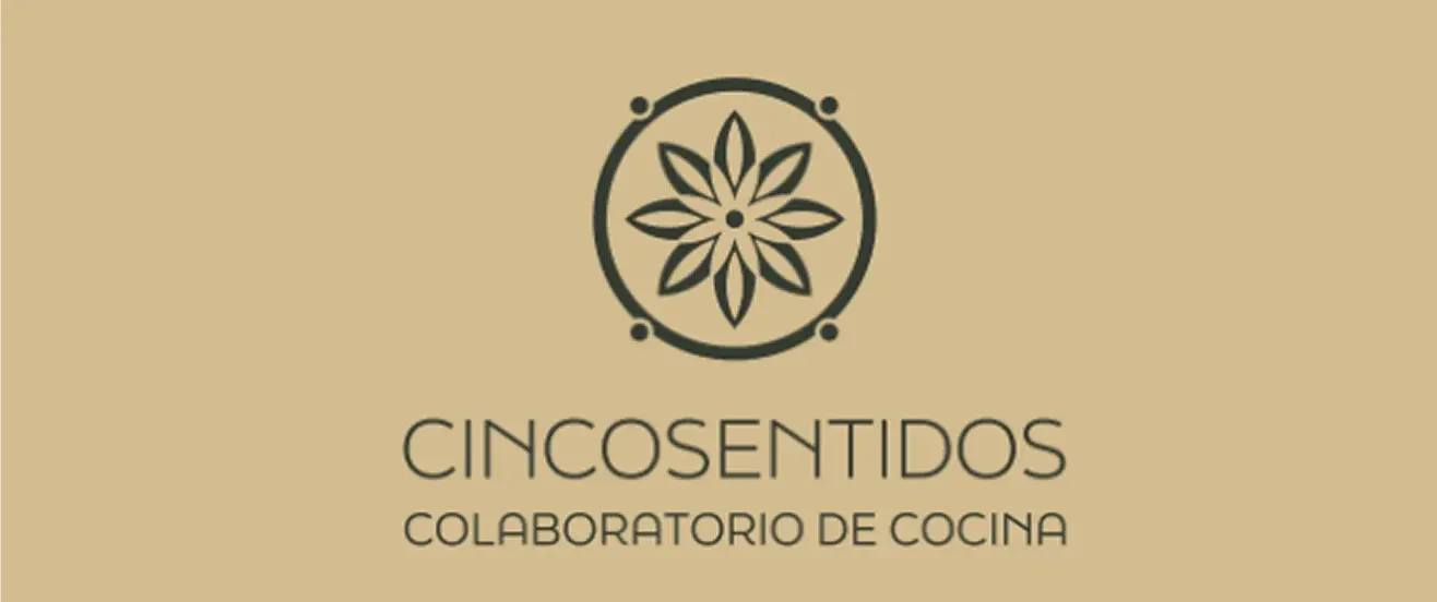 Cincosentidos logo with flower symbol on beige background, a culinary group and business transformation project by Prototipo