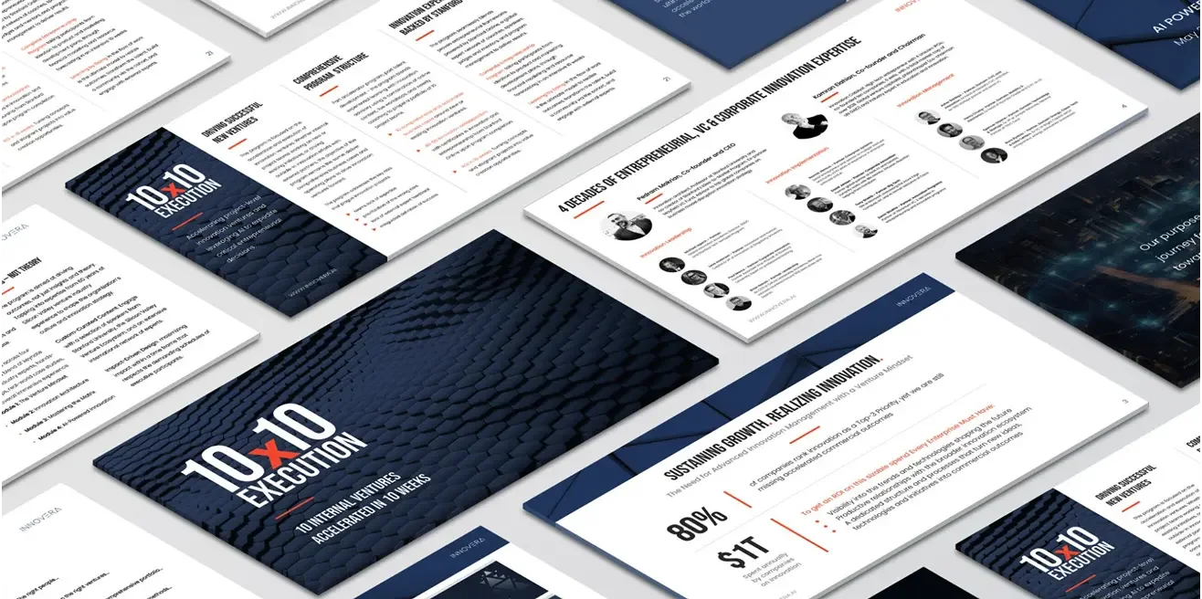 3D isometric layout of Innovera presentation cards and 10x10 Execution program materials by Prototipo