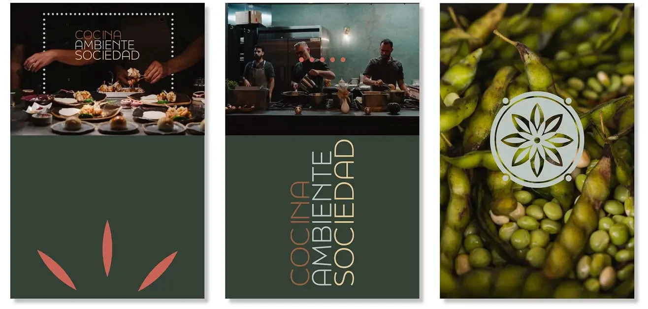 Three vertical mobile screen designs for Cincosentidos featuring chefs, kitchen action, and fresh produce with the text Cocina Ambiente Sociedad