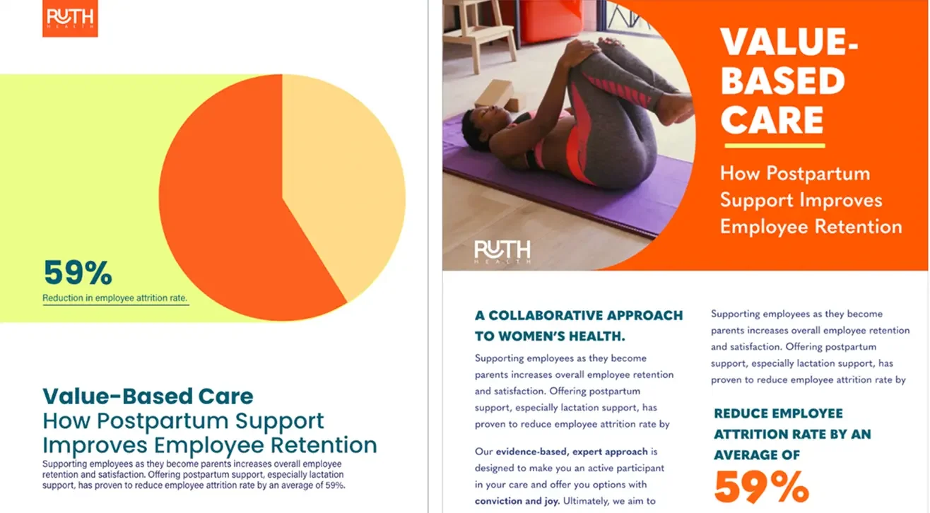 Ruth Health value-based care infographics detailing employee retention metrics and postpartum support statistics