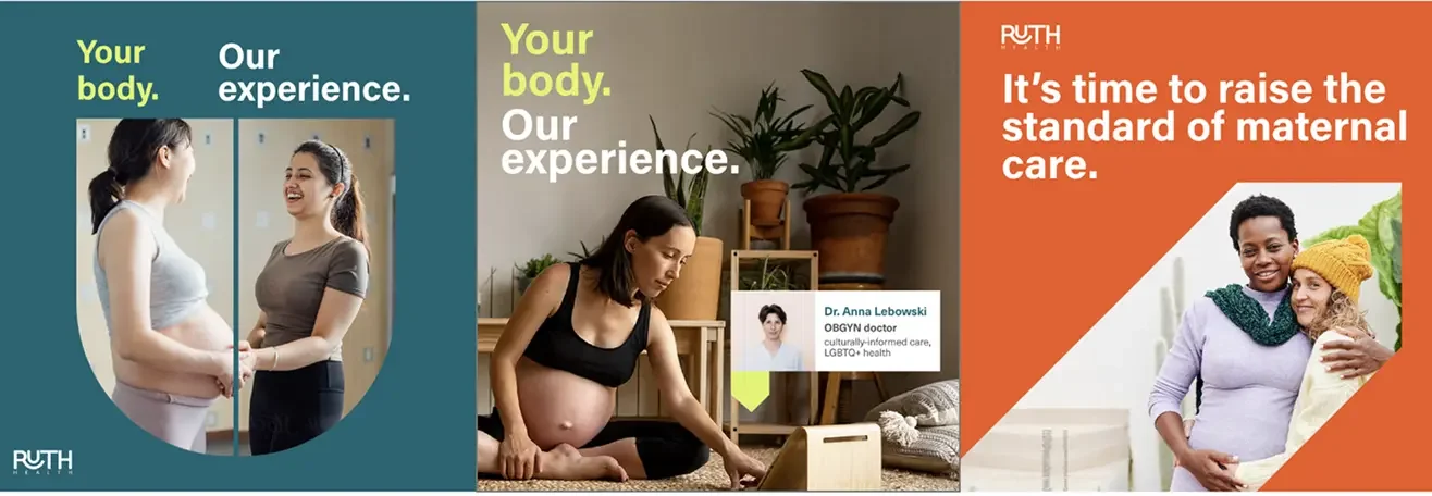 Three Ruth Health advertising banners for maternal care featuring pregnant women and telehealth OBGYN services