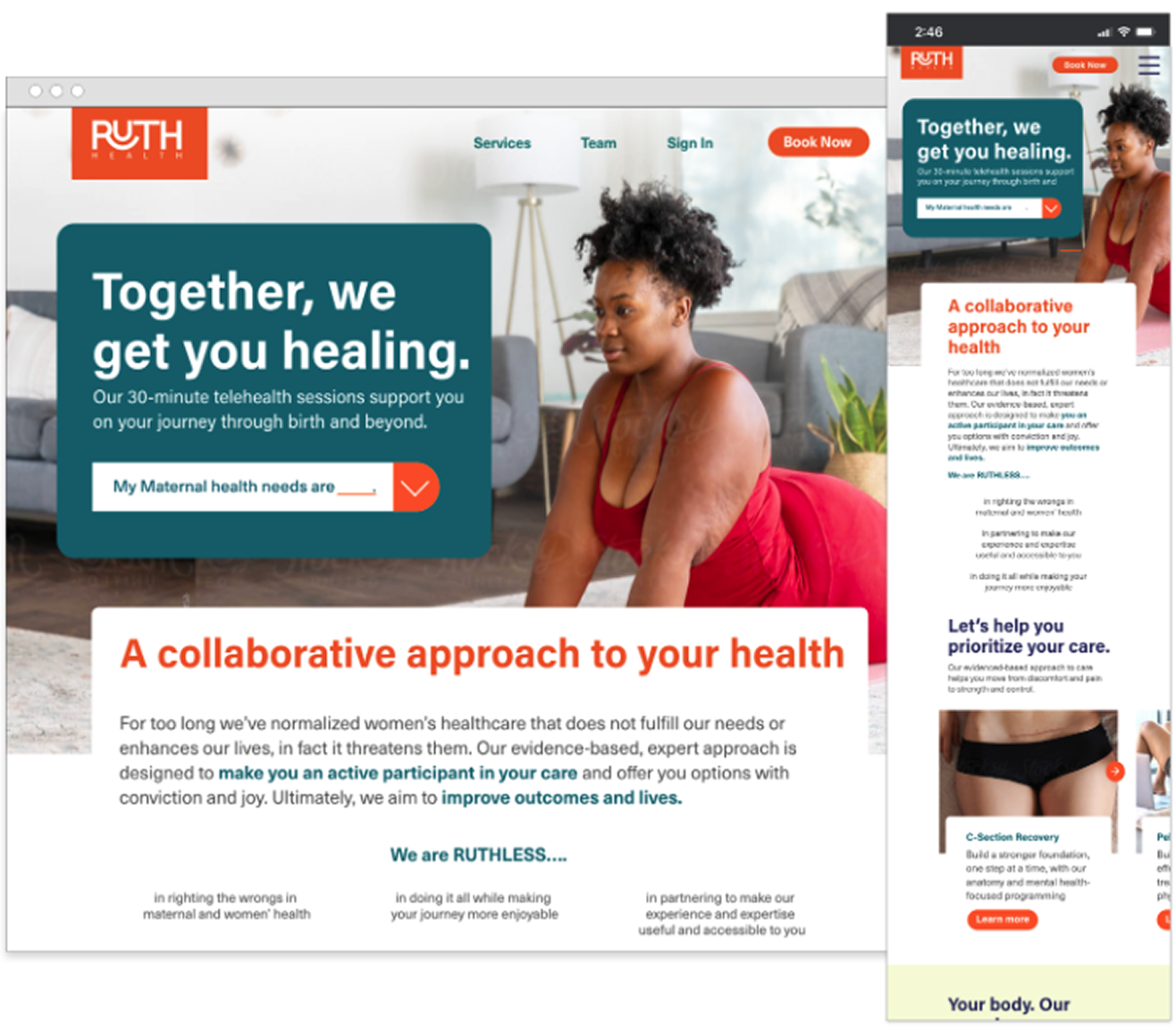 Desktop and mobile website preview for Ruth Health highlighting telehealth services and maternal healthcare