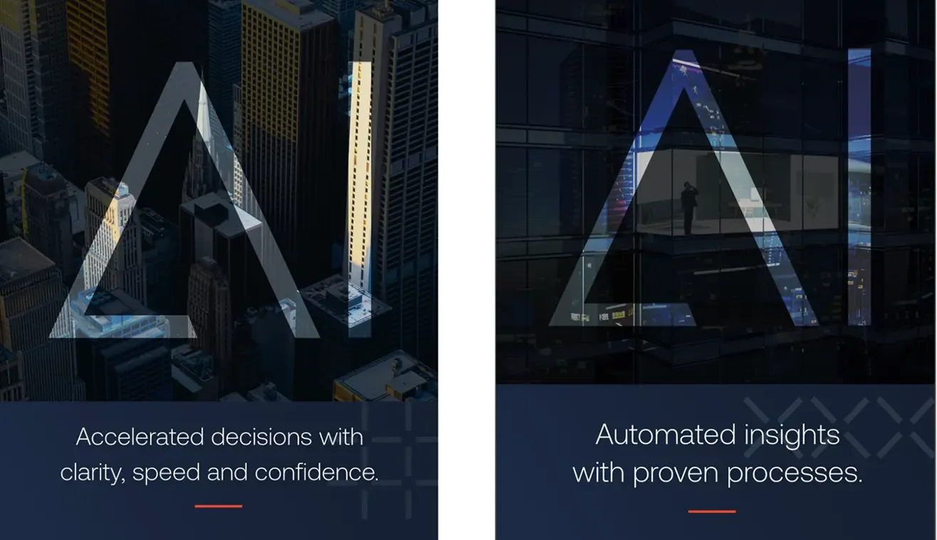 Two vertical AI feature cards showcasing automated insights and accelerated decision-making capabilities for Innovera